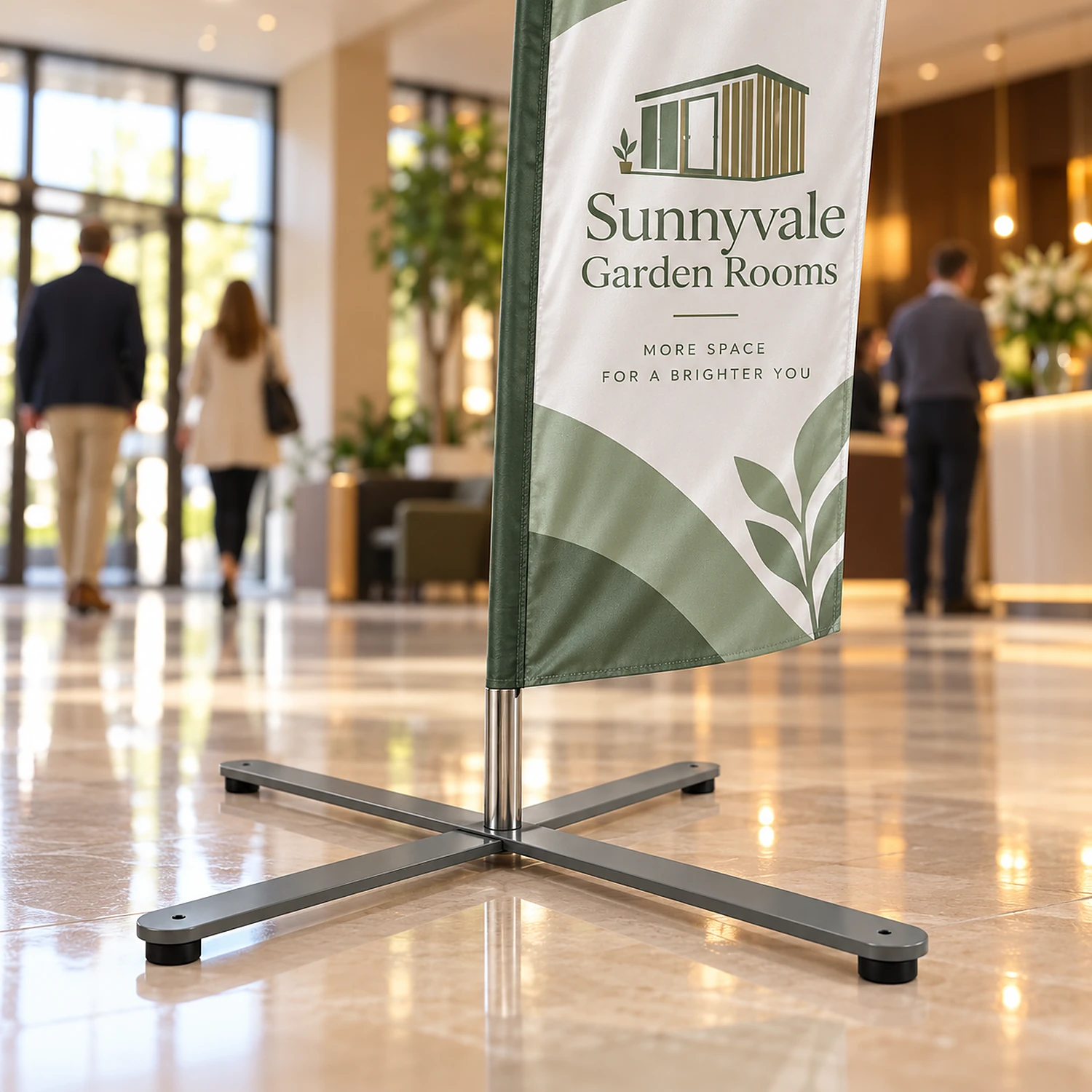 Small cross base holding a small feather flag in a hotel foyer