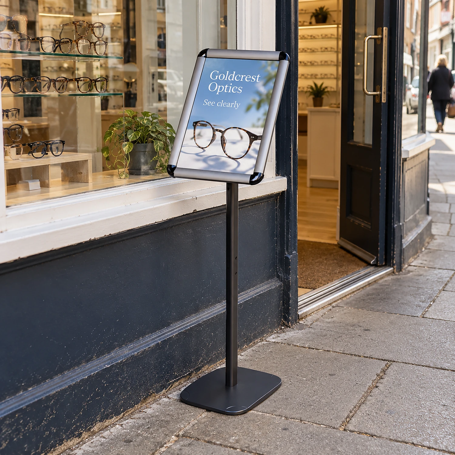 Snap frame poster stand on the pavement outside a shop
