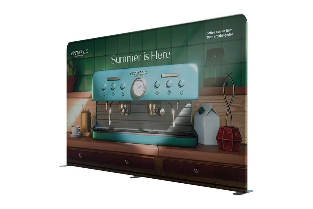 Soft Touch straight fabric display wall with a printed stretch fabric graphic