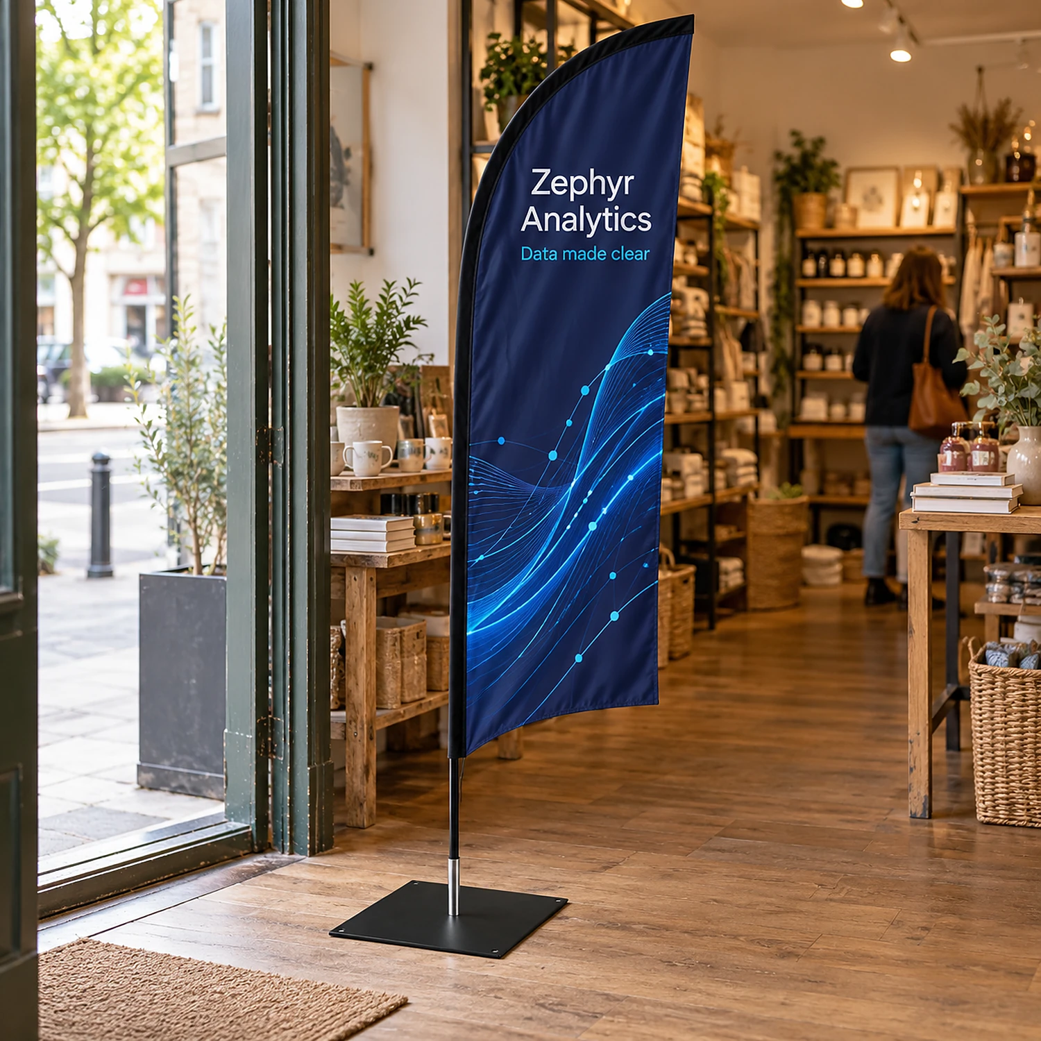 Square flag base holding a feather flag inside a shop doorway