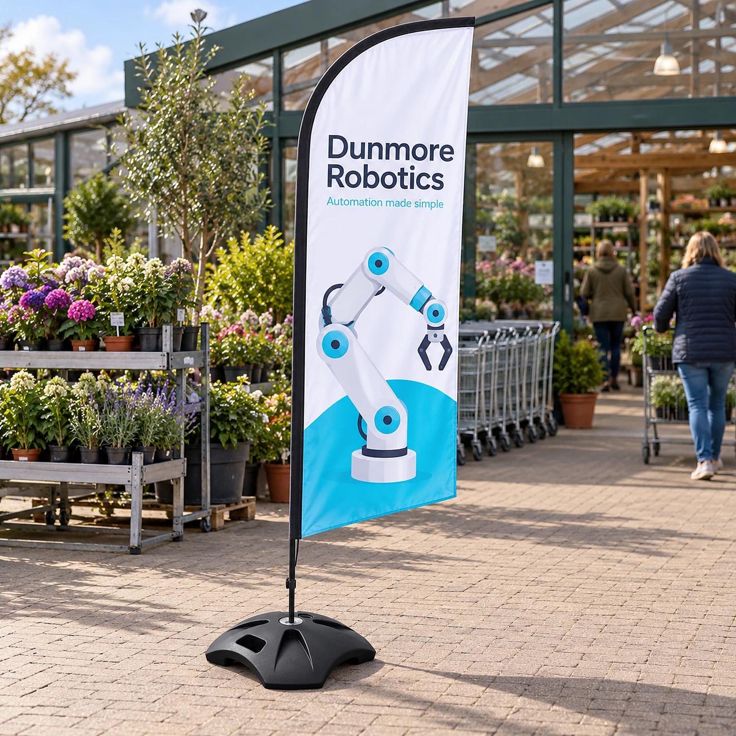 Stackable water flag base holding a feather flag on a forecourt