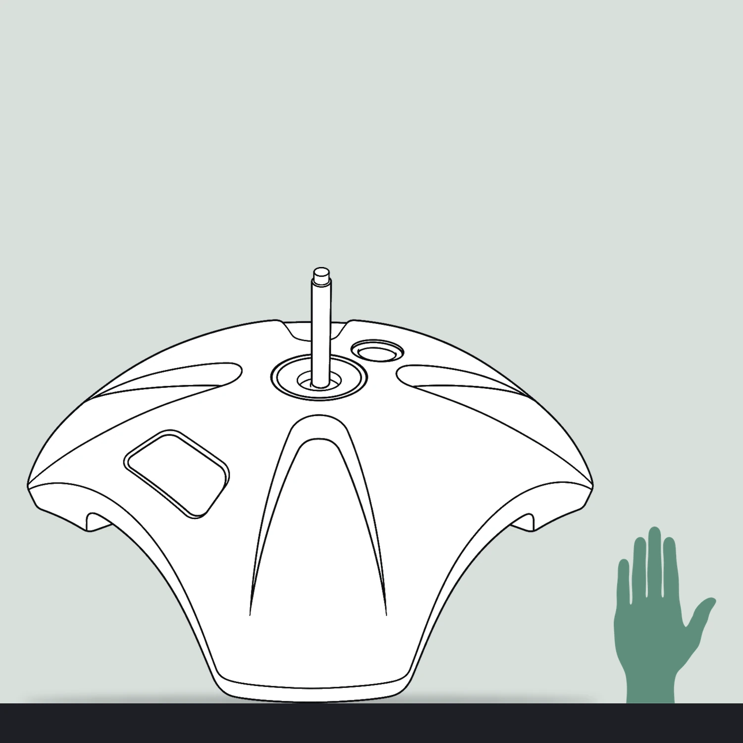 Stackable water flag base size compared with a hand