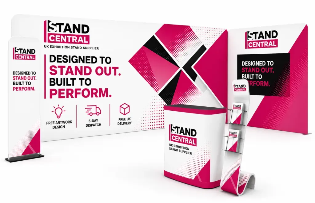 Stand Central branded 3m x 6m exhibition stand kit with fabric walls, banner, counter and literature stand