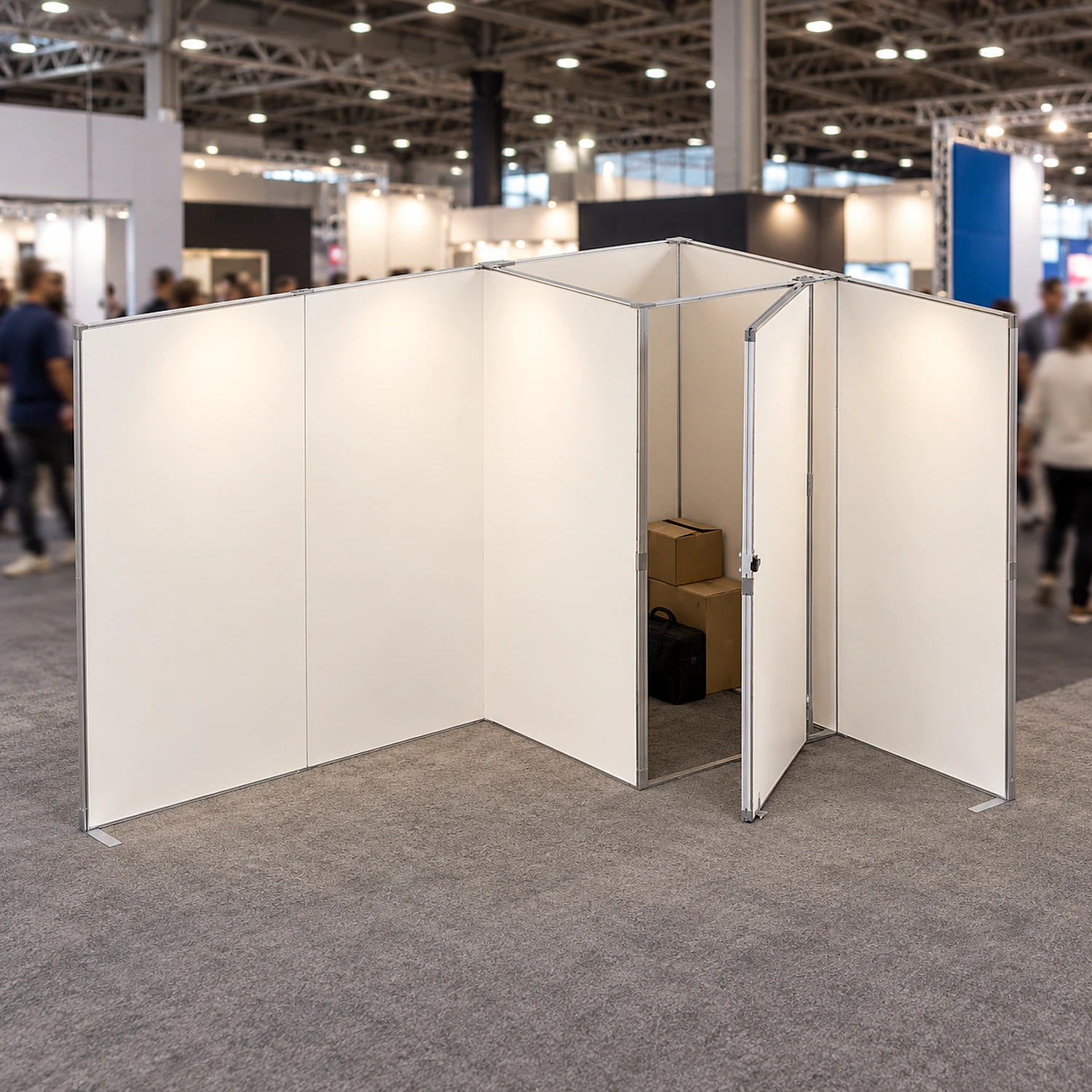Hinged storeroom door standing open in an exhibition stand back wall
