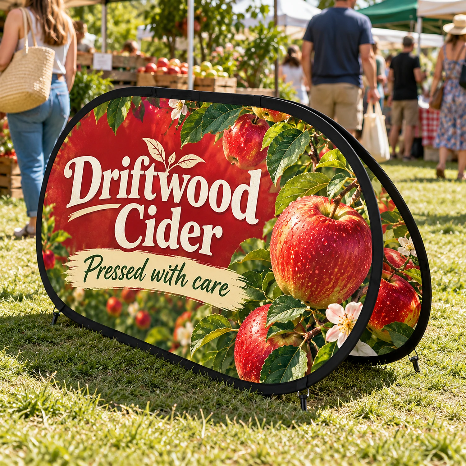Pop out banner pegged on grass at an outdoor market