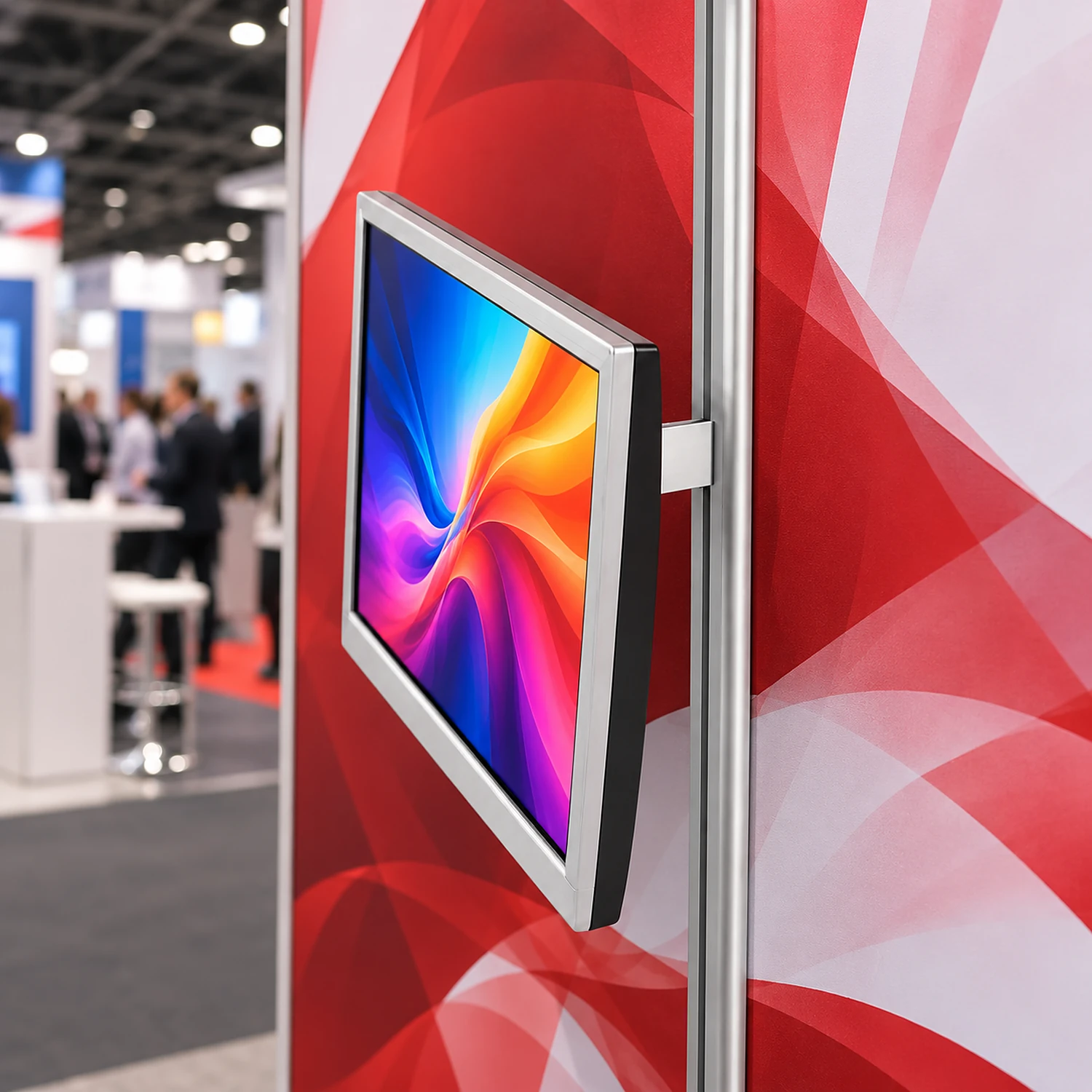 Screen mount holding a screen on a straight pop up backwall at a trade show