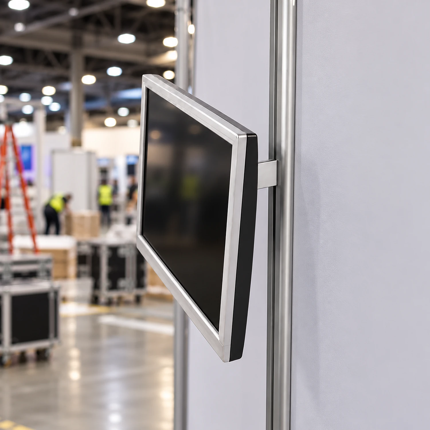 Screen mount on a straight pop up backwall, side view