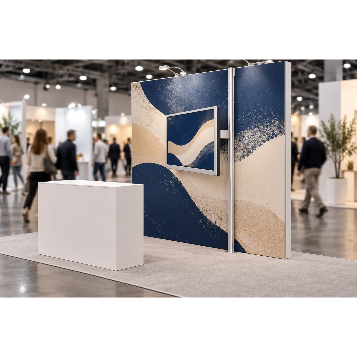 Straight pop up stand with a screen on its mount at an exhibition