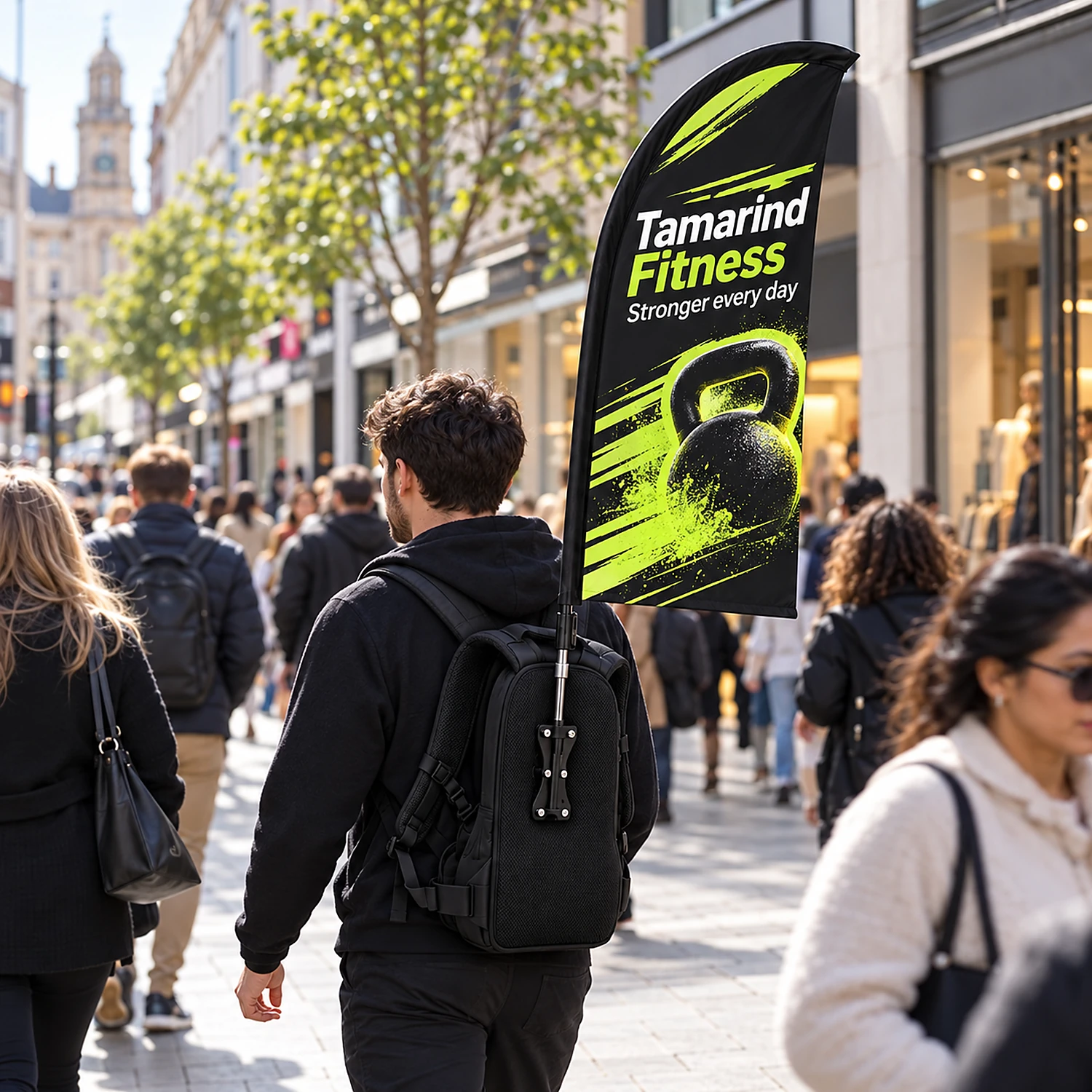 Backpack feather flag worn by a promoter on a shopping street