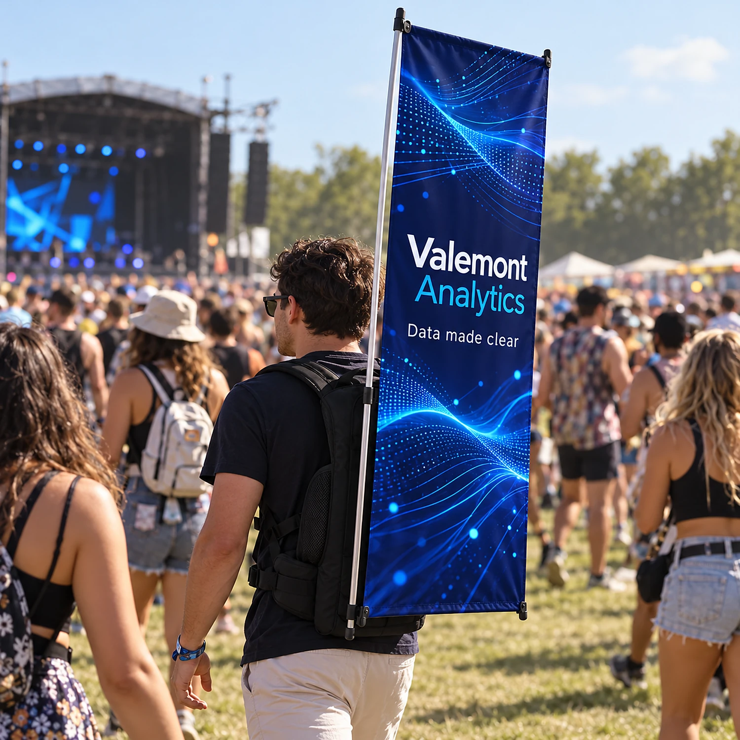 Backpack X banner flag worn at a music festival