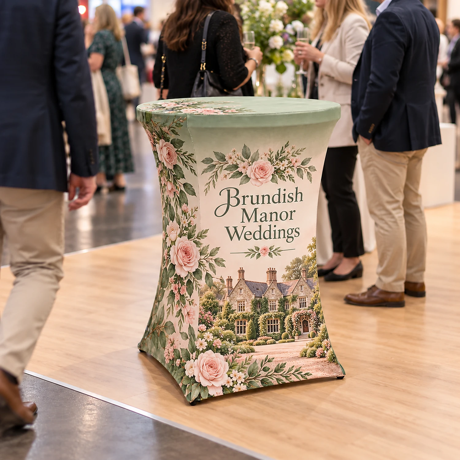 Stretch Fabric Poseur Table - Fully Enclosed, shown with example artwork