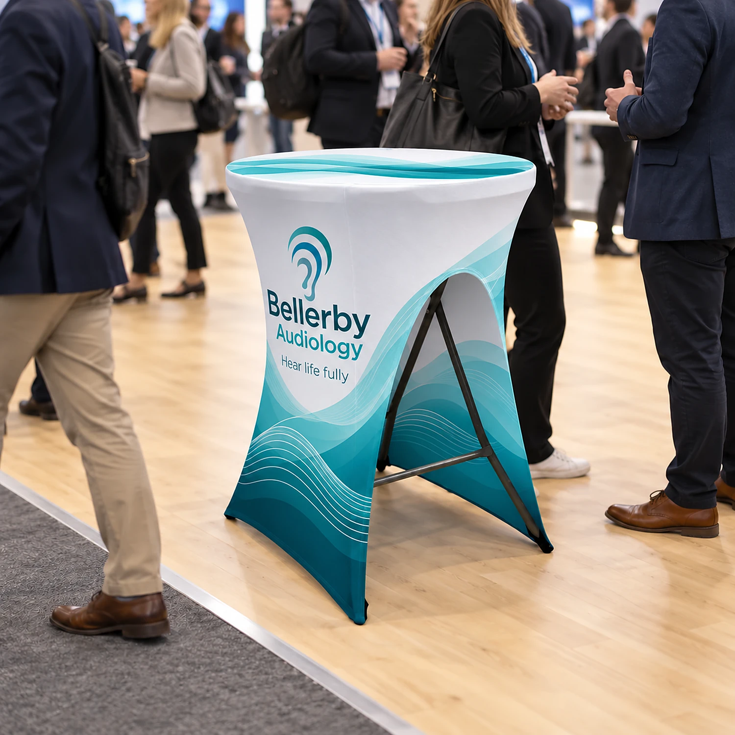 Stretch Fabric Poseur Table - Open Back, shown with example artwork