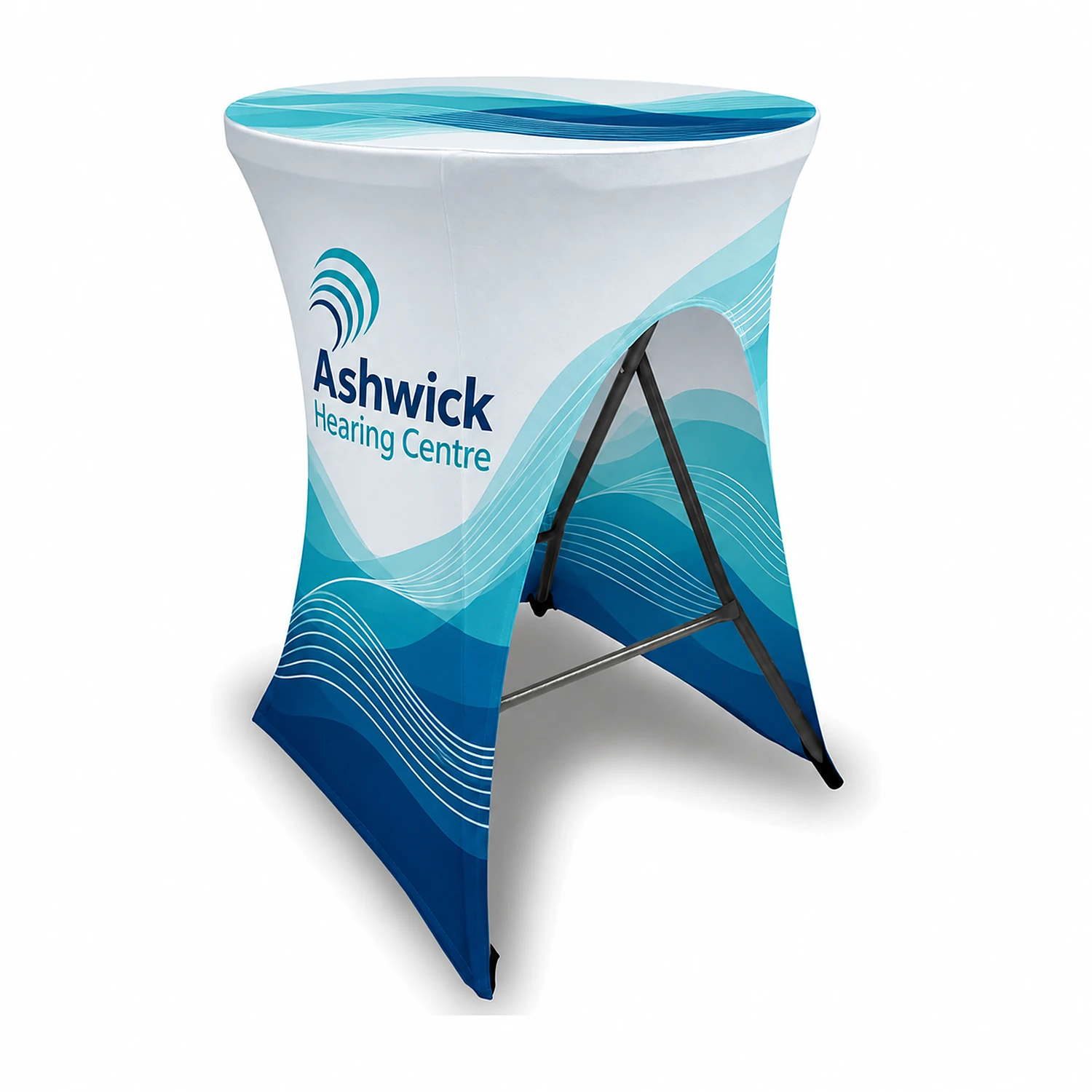 Stretch Fabric Poseur Table - Open Back, shown with example artwork