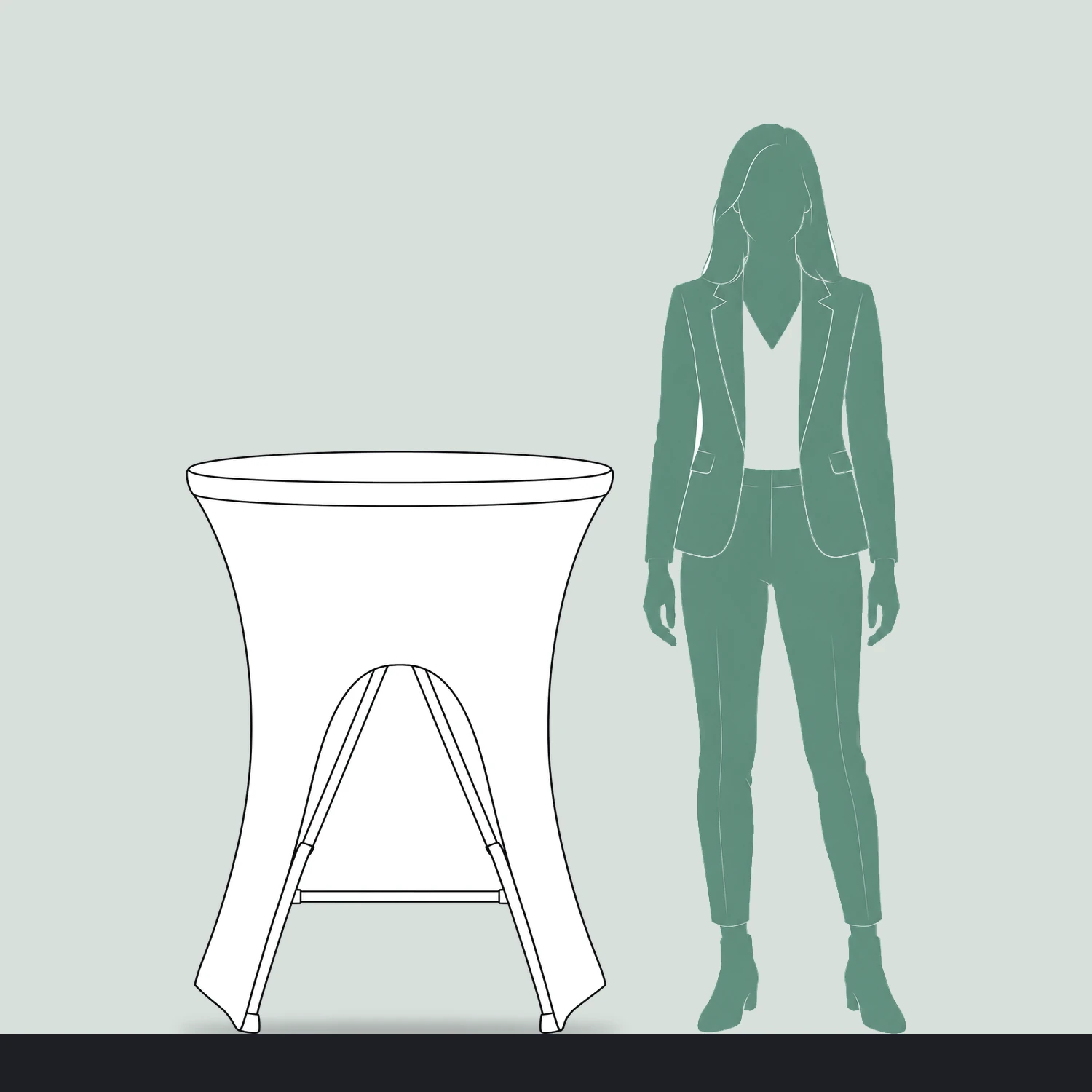 Stretch Fabric Poseur Table - Open Back size compared with a person