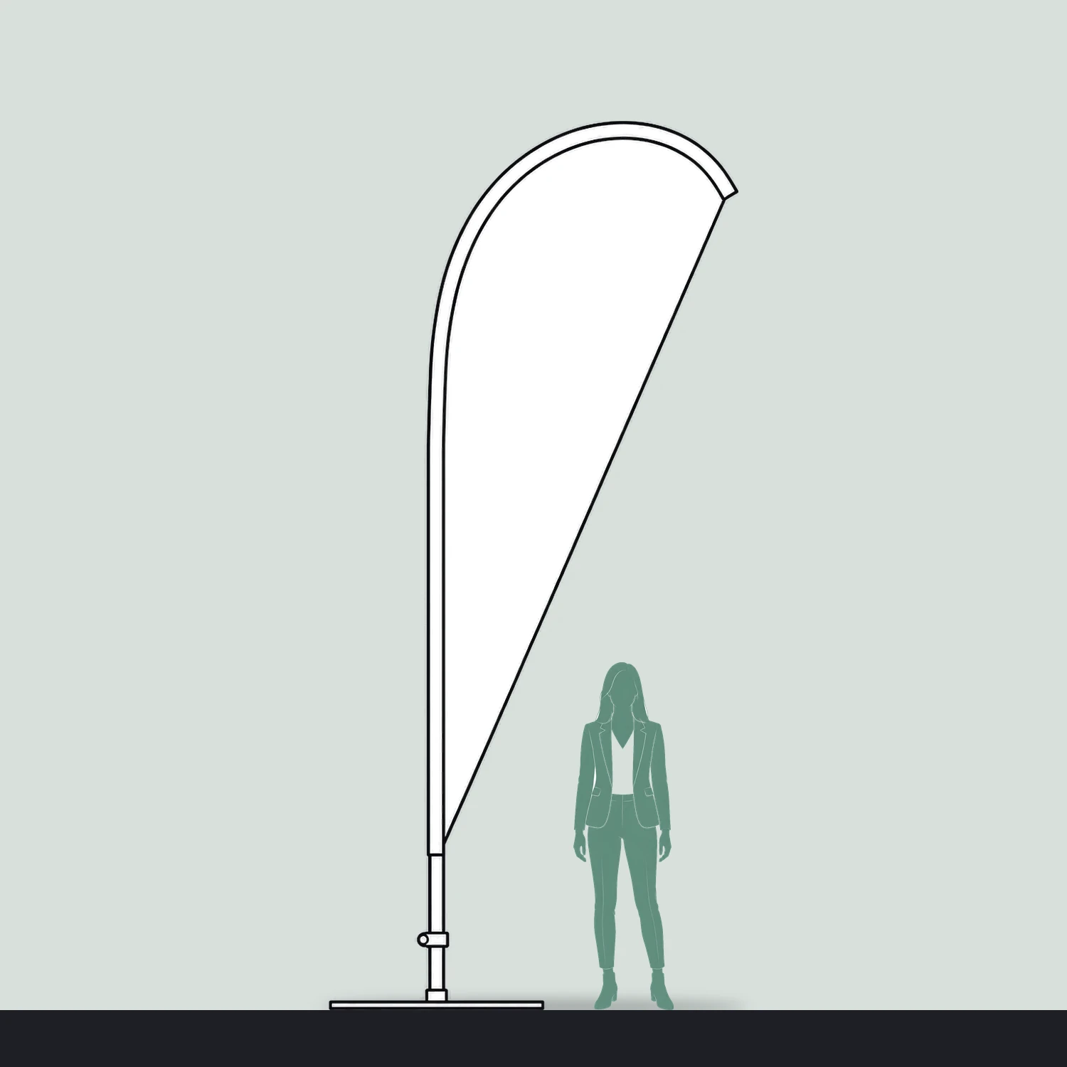 Teardrop Flag Extra Large, 4.35m Tall size compared with a person
