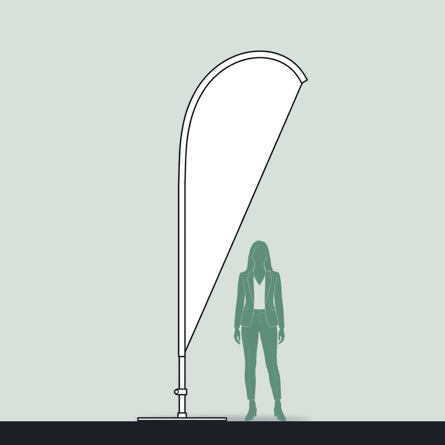 Teardrop Flag Large, 3.49m Tall size compared with a person