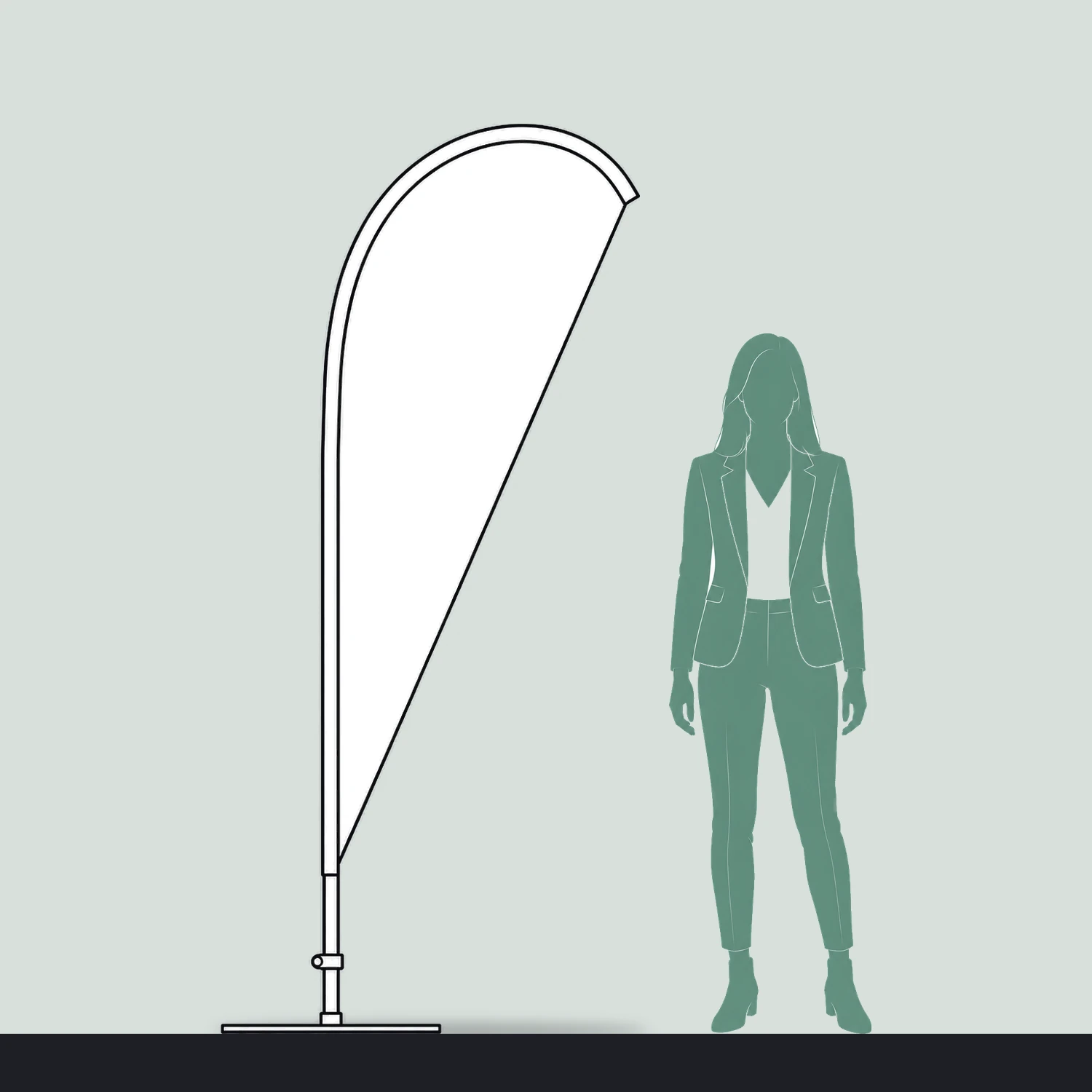 Teardrop Flag Small, 2.21m Tall size compared with a person