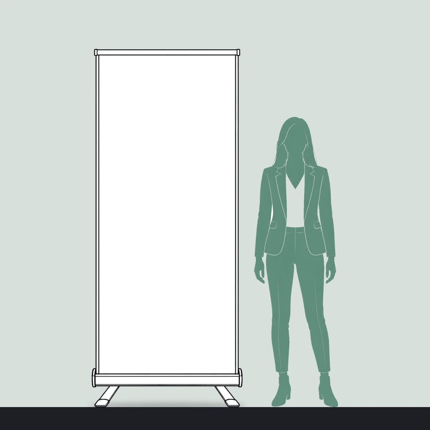 Thunder Double-Sided Outdoor Roller Banner 850mm Wide size compared with a person