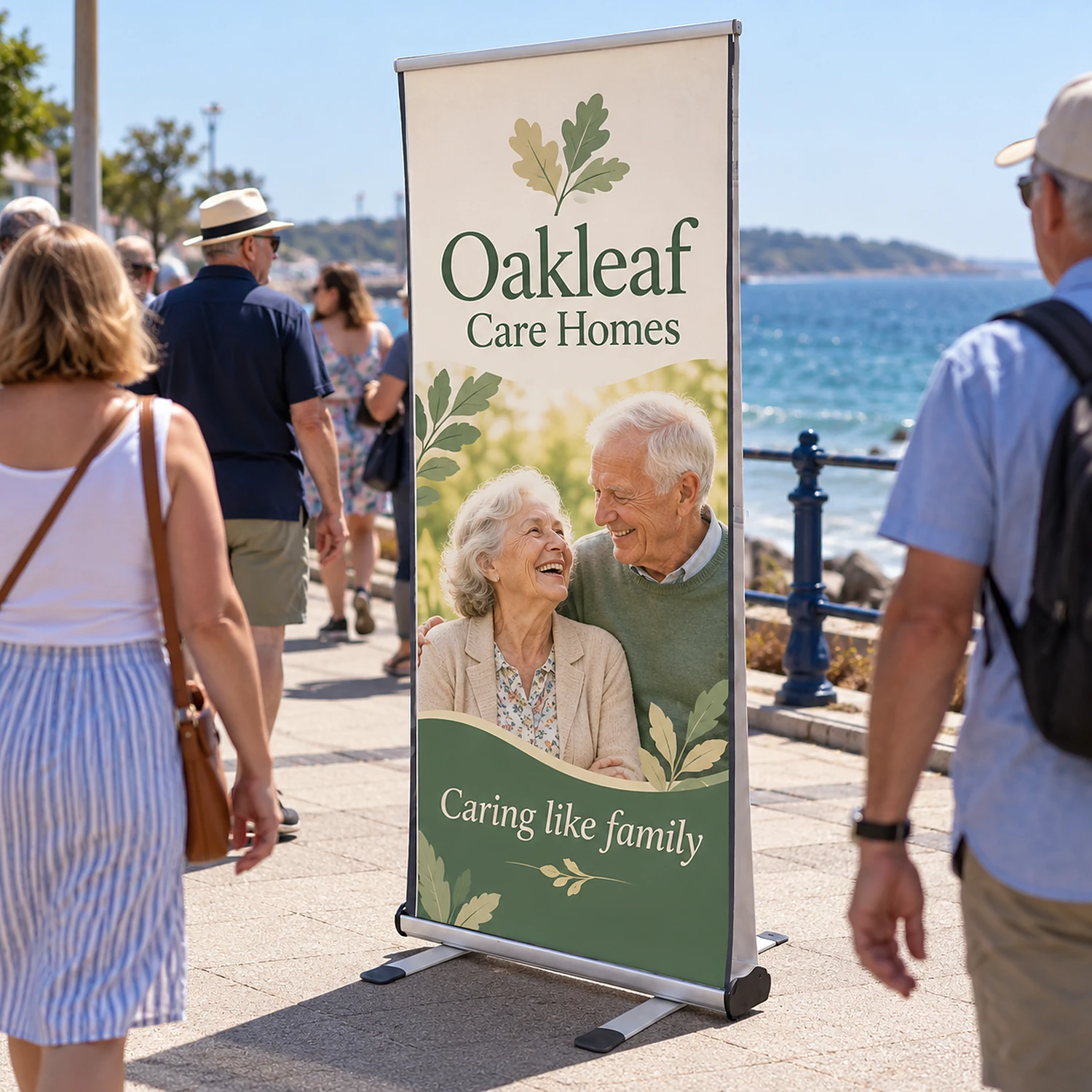 Thunder Outdoor Roller Banner in use on a seaside promenade