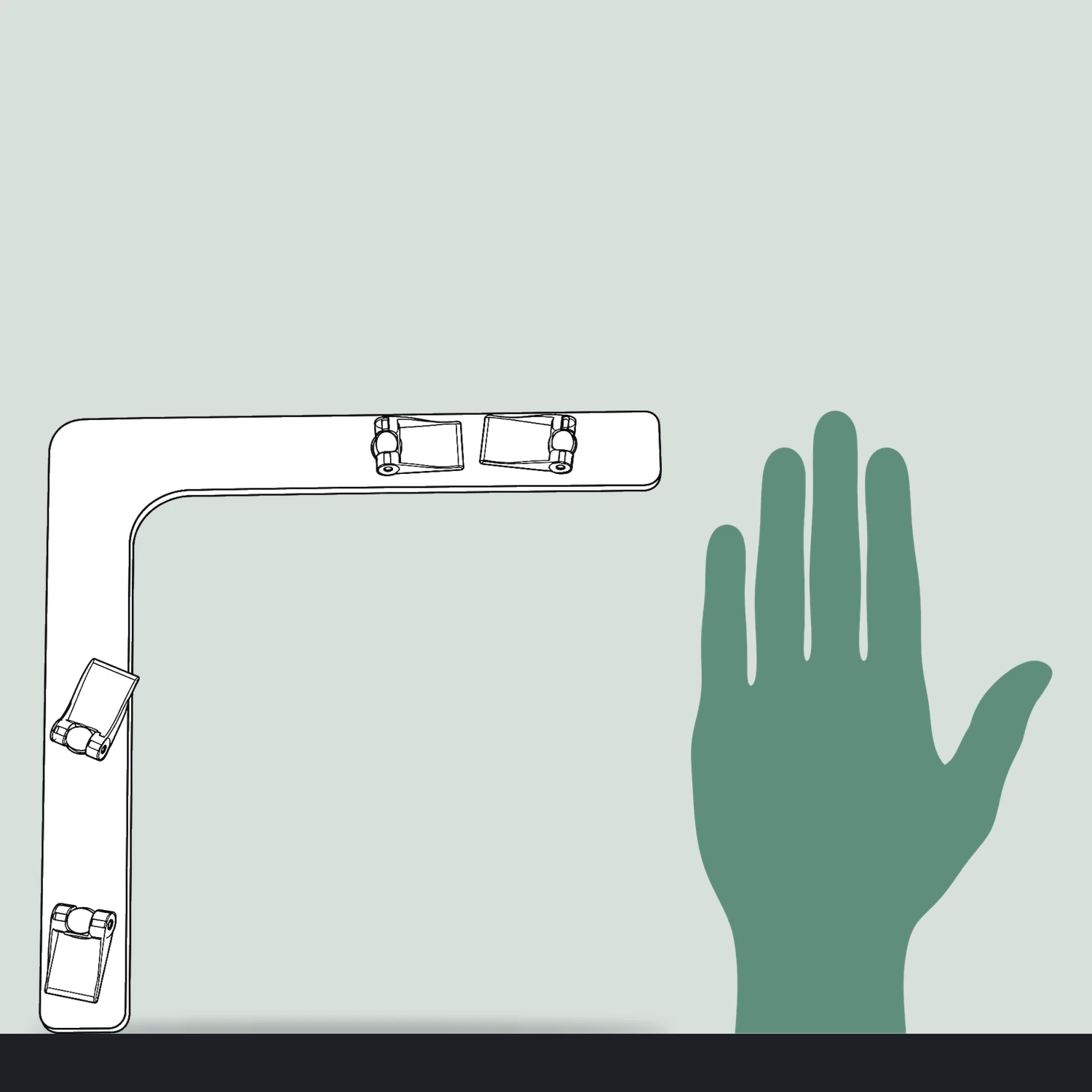 90 degree top corner connector size compared with a hand