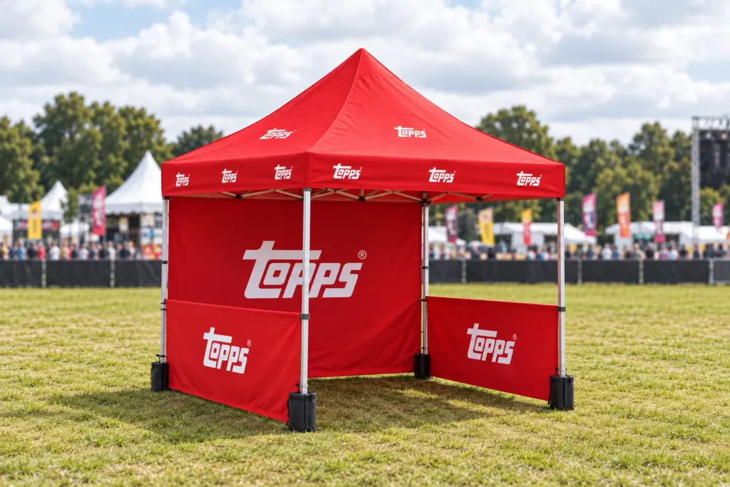Visualisation of Topps's 3m x 3m branded gazebo with walls with the artwork that was printed