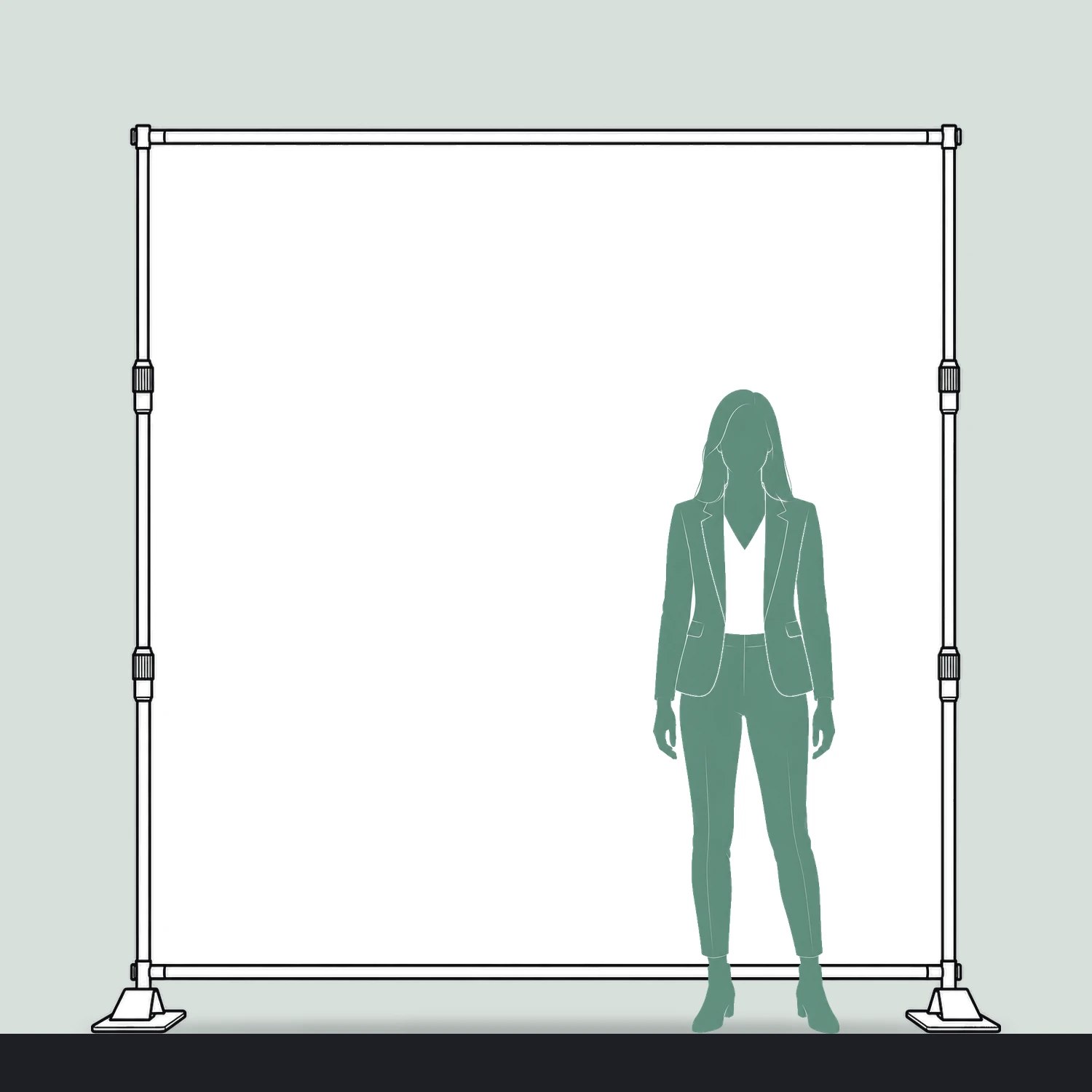 Torque Banner Stand 2.4m x 2.4m with Block-Out PVC Graphic size compared with a person