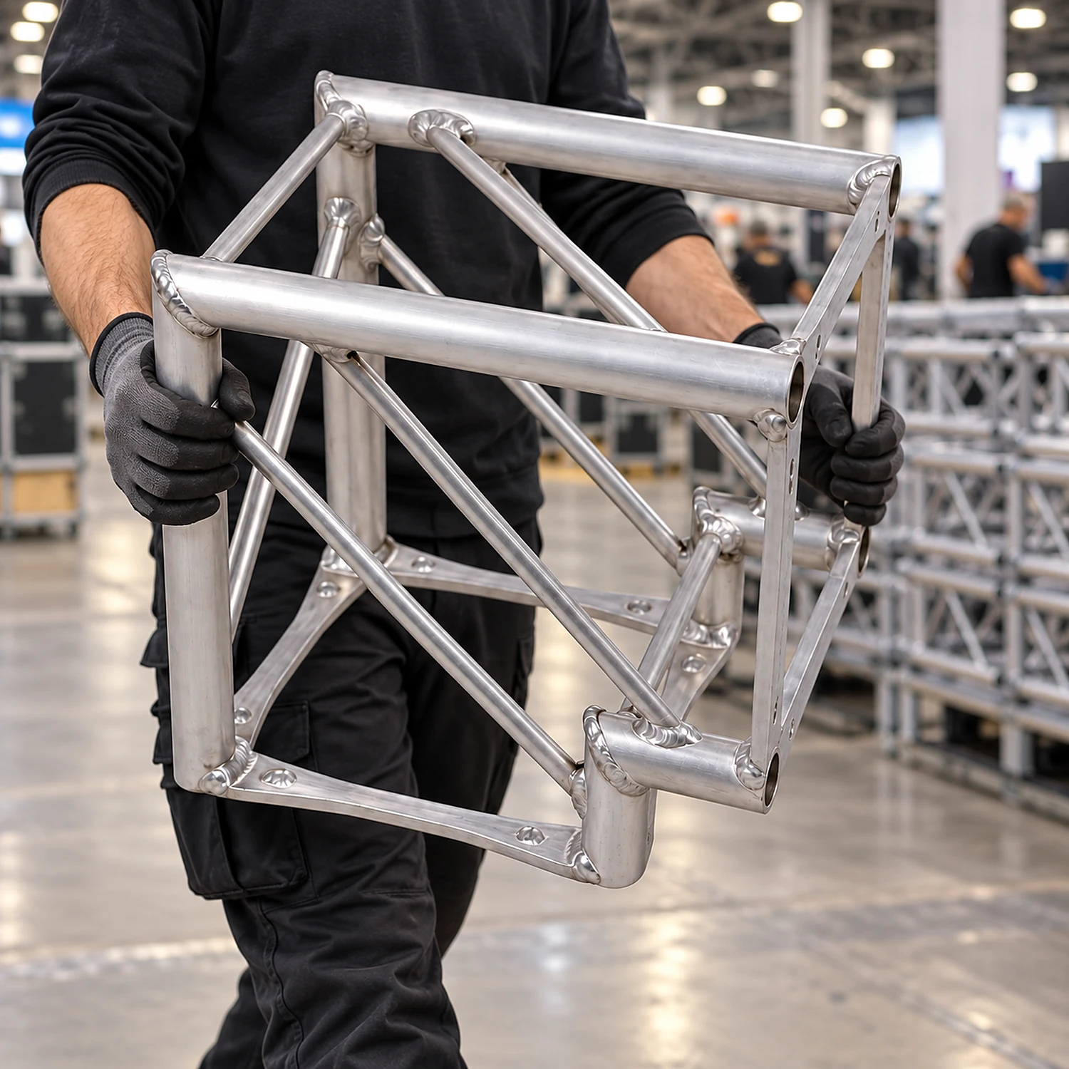 Technician carrying a truss 2-way corner during stand build-up