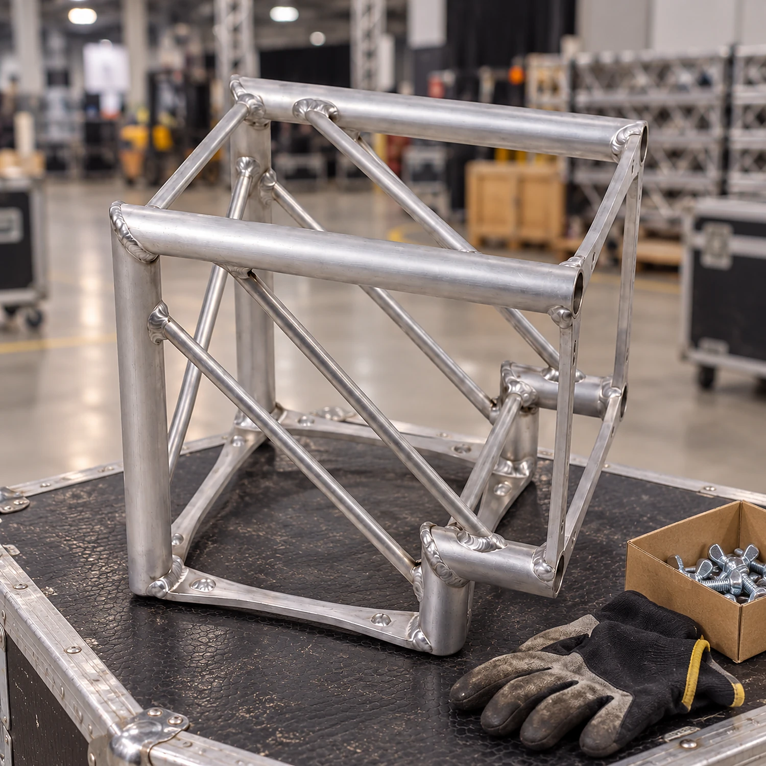 Truss 2-way corner on a flight case lid with gloves and bolts during stand build-up
