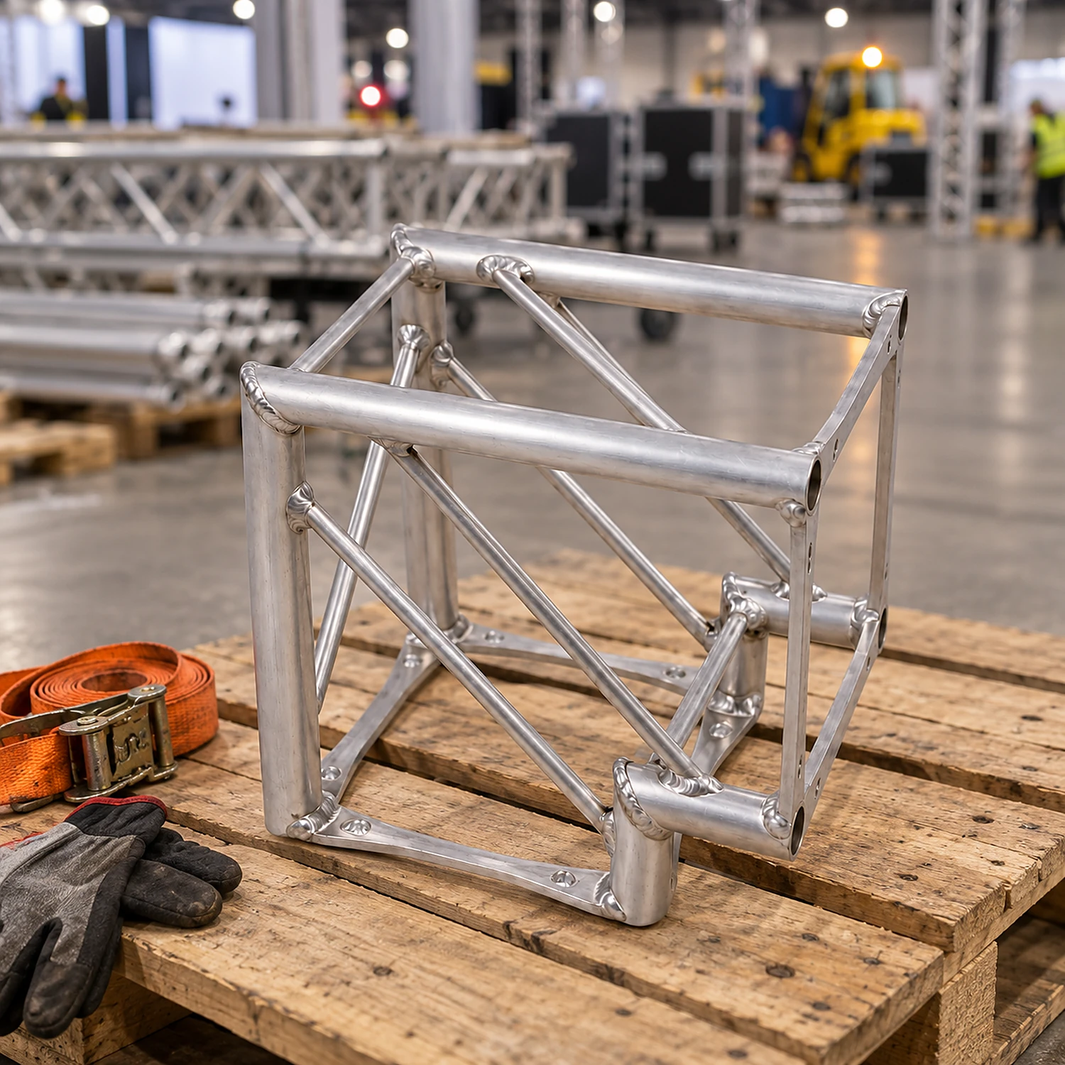 Truss 2-way corner on a pallet in an exhibition hall loading area