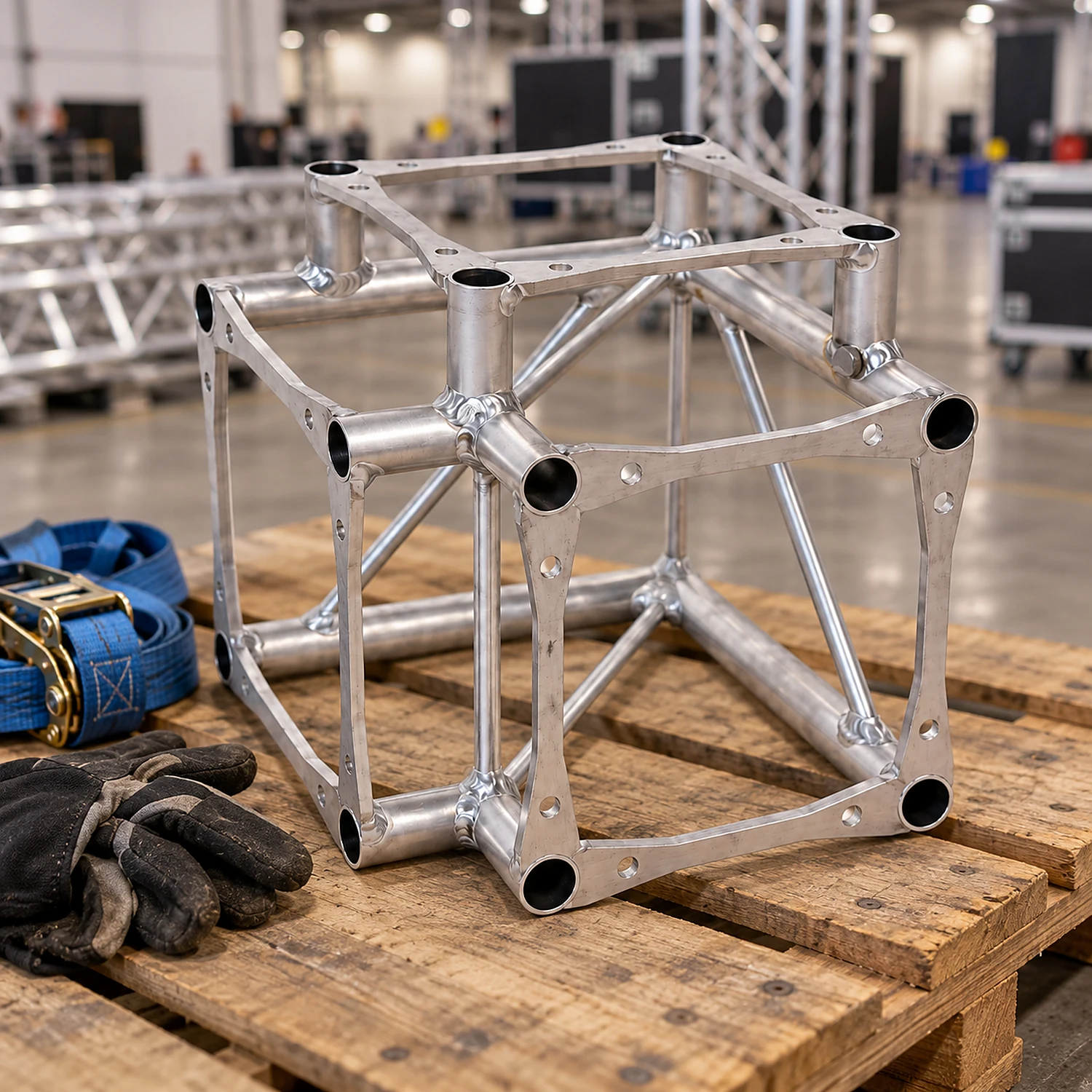 Truss 3-way corner junction on a pallet in an exhibition hall loading area