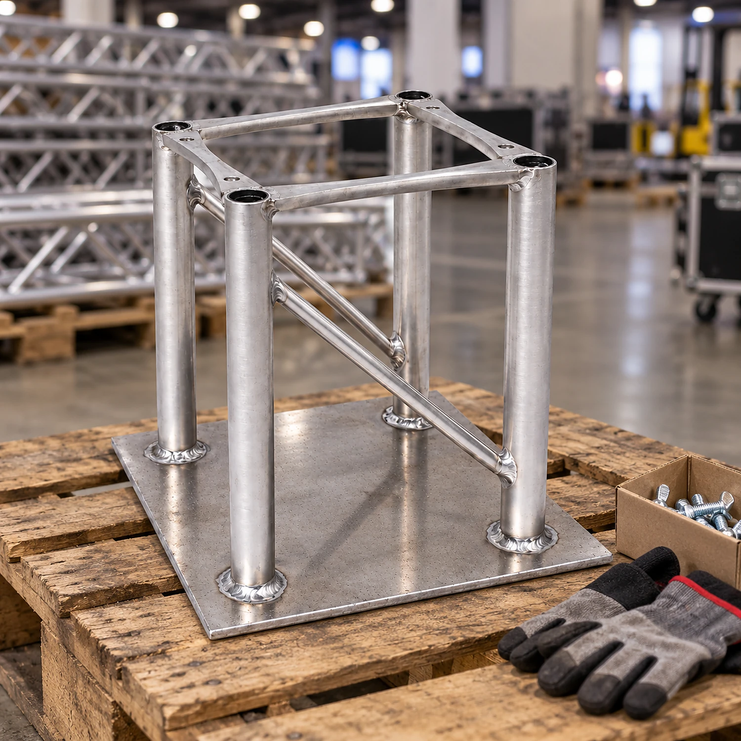 Truss base section on a pallet with gloves and bolts