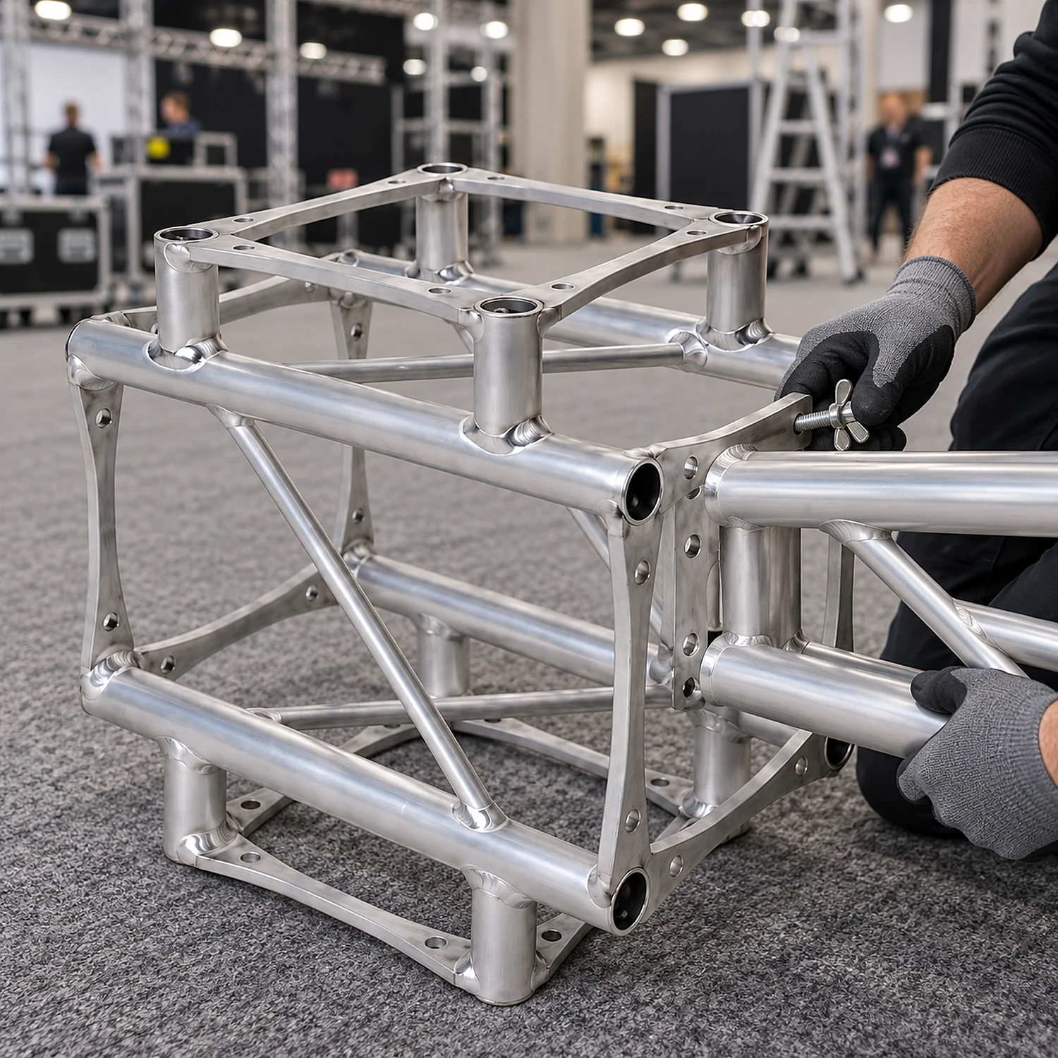 Truss 4-way cross junction having a straight section bolted on during build-up