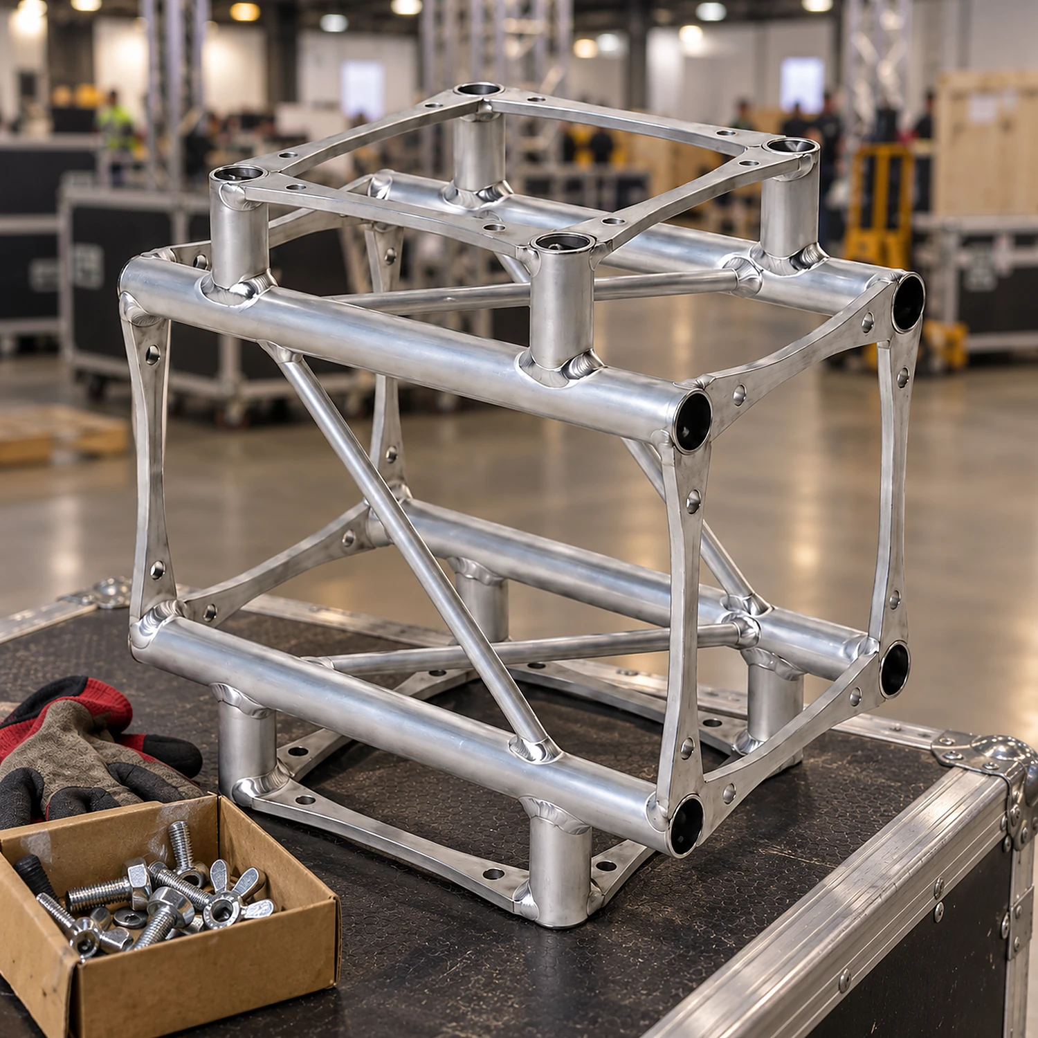 Truss 4-way cross junction on a flight case lid with gloves and bolts