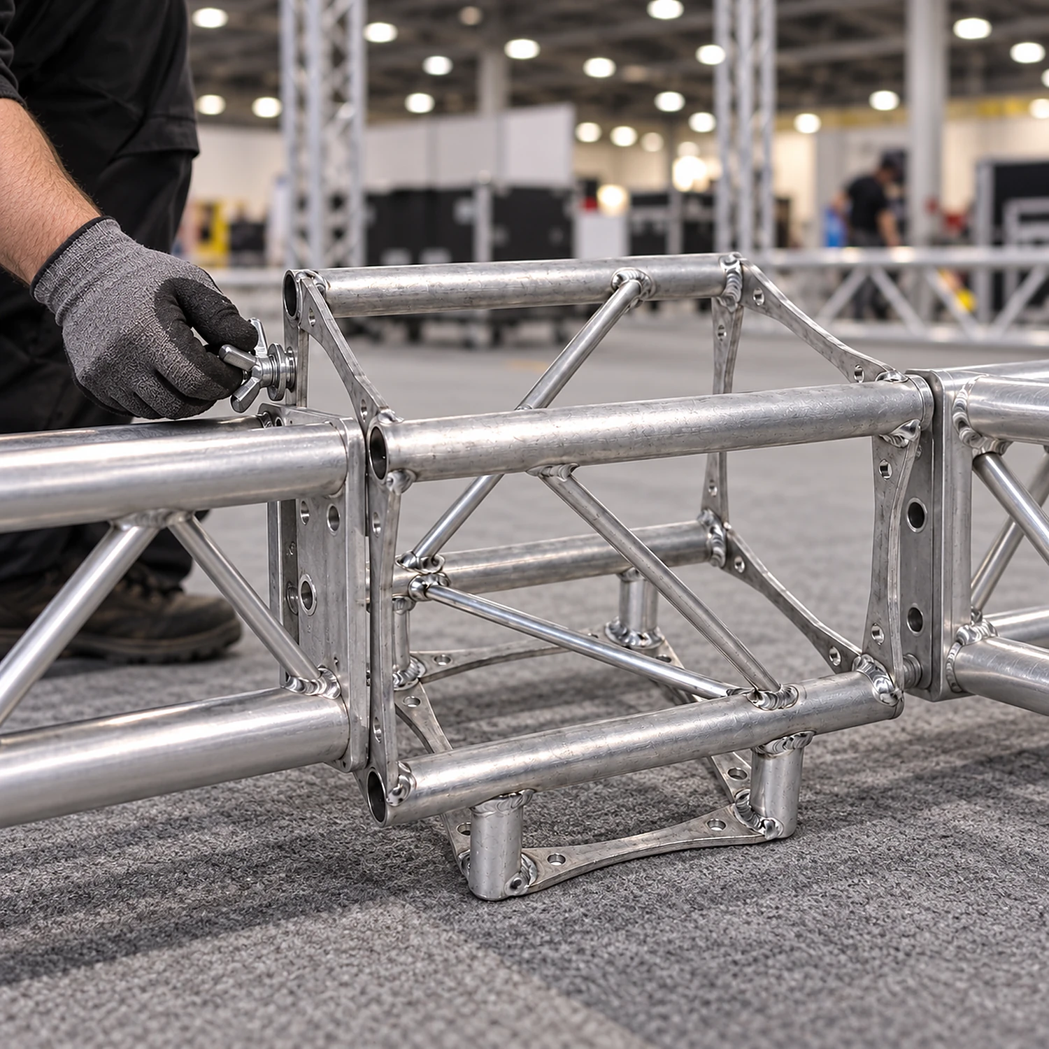 Truss T-junction being bolted to straight sections on the hall floor