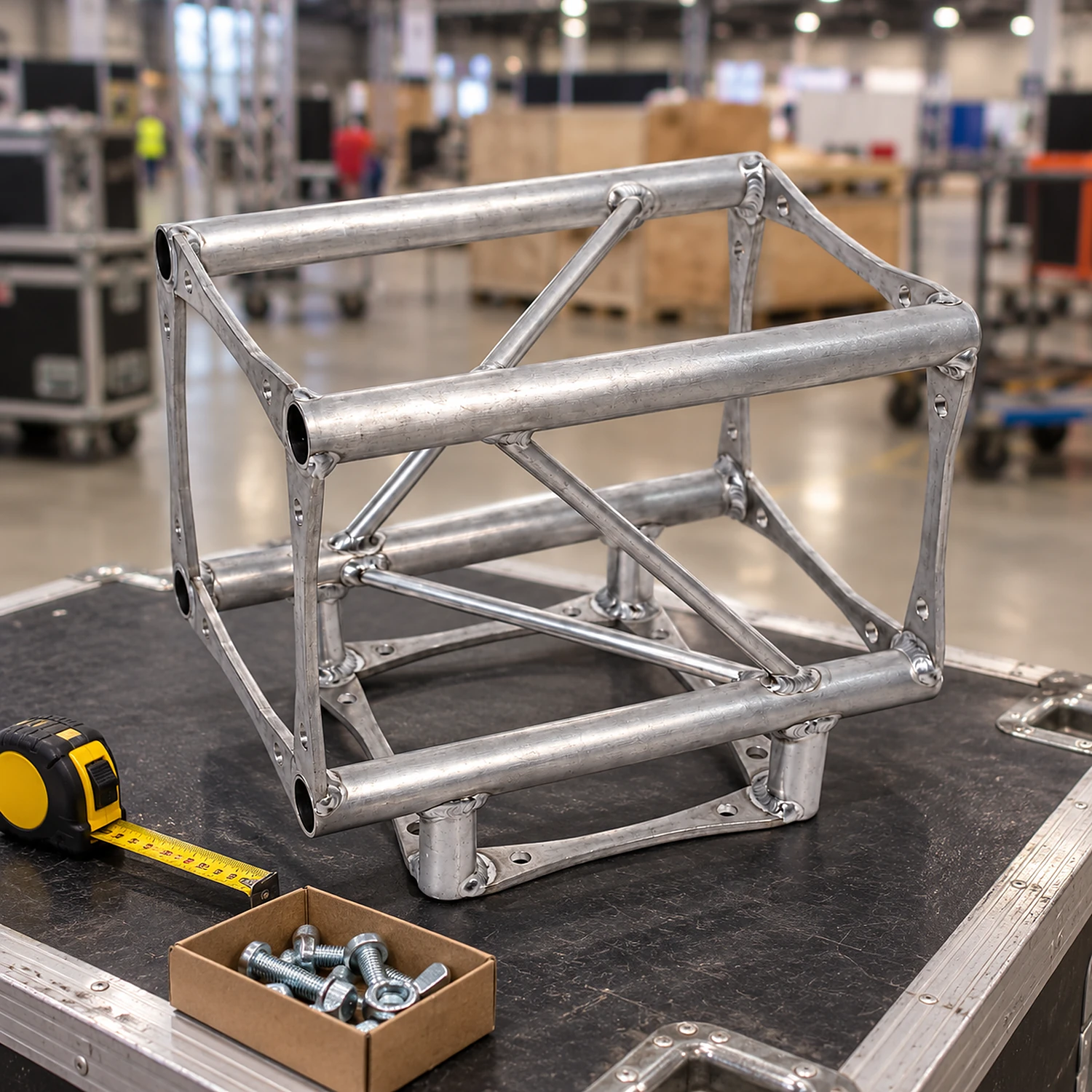 Truss T-junction on a flight case lid with a tape measure and bolts