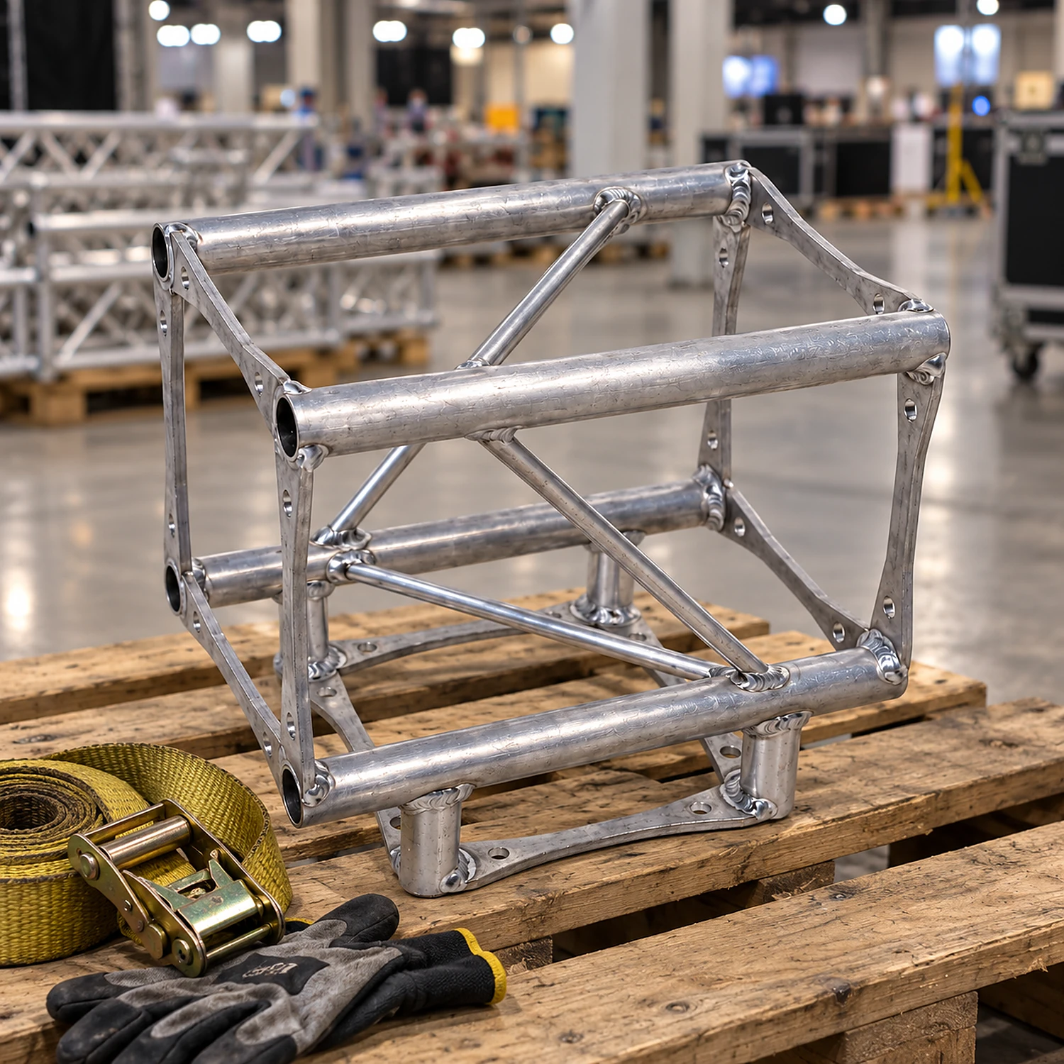 Truss T-junction on a pallet in an exhibition hall loading area