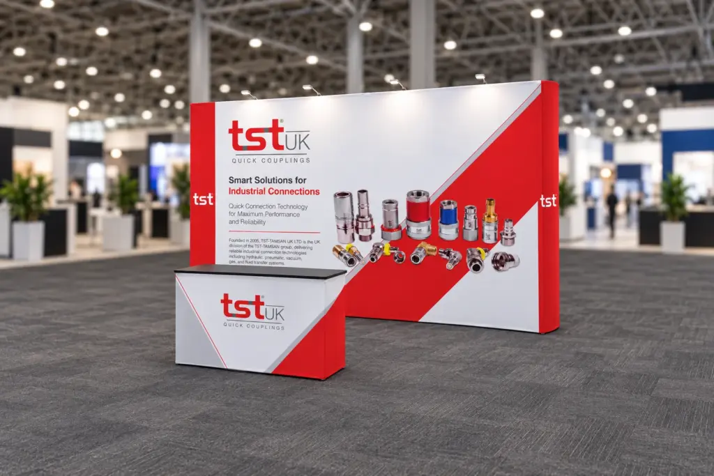 Visualisation of TST UK's 3.7m straight fabric pop-up stand with counter with the artwork that was printed