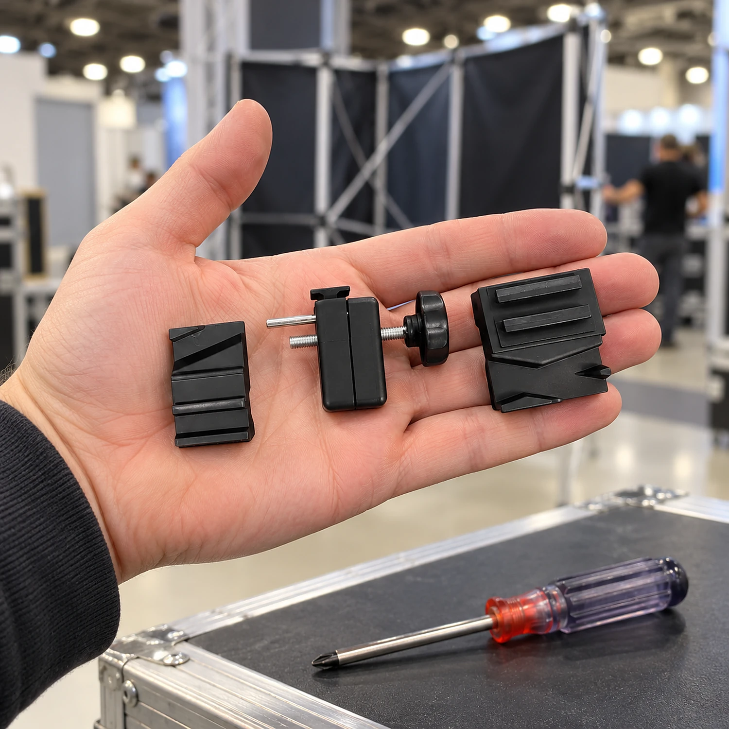 Light fitting kit parts held in a hand during build-up