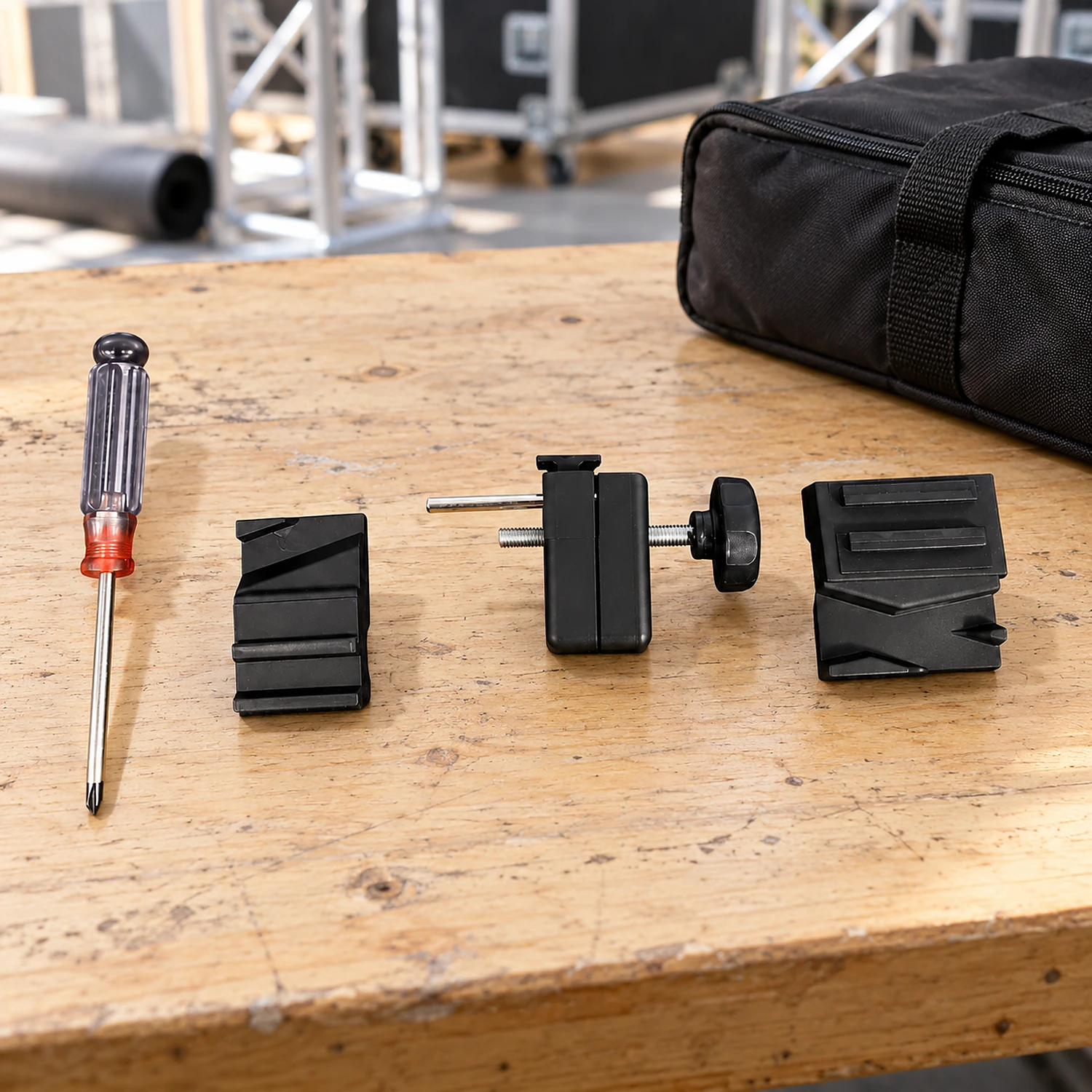 Light fitting kit parts on a workbench