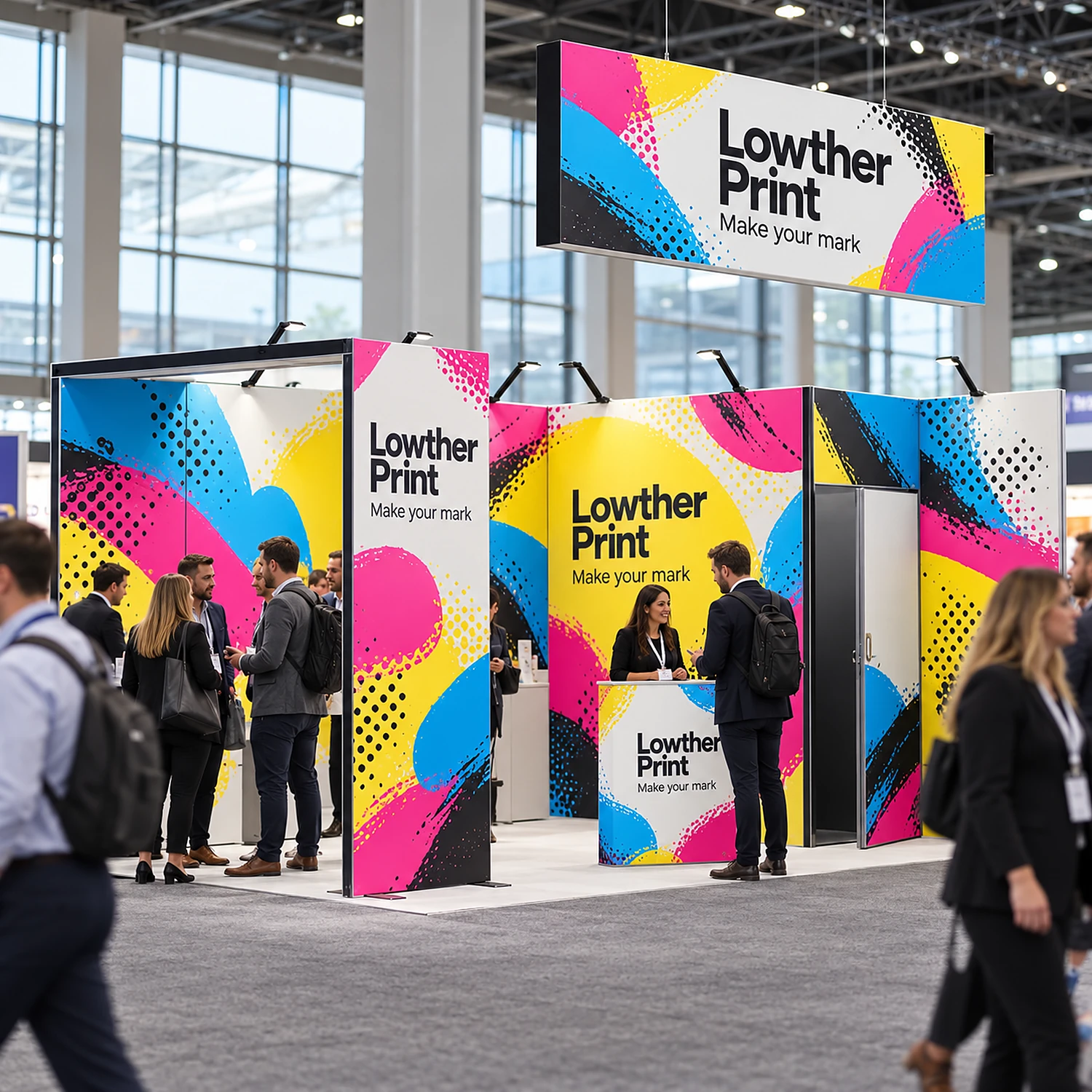 15m2 modular exhibition stand in use at a business trade show