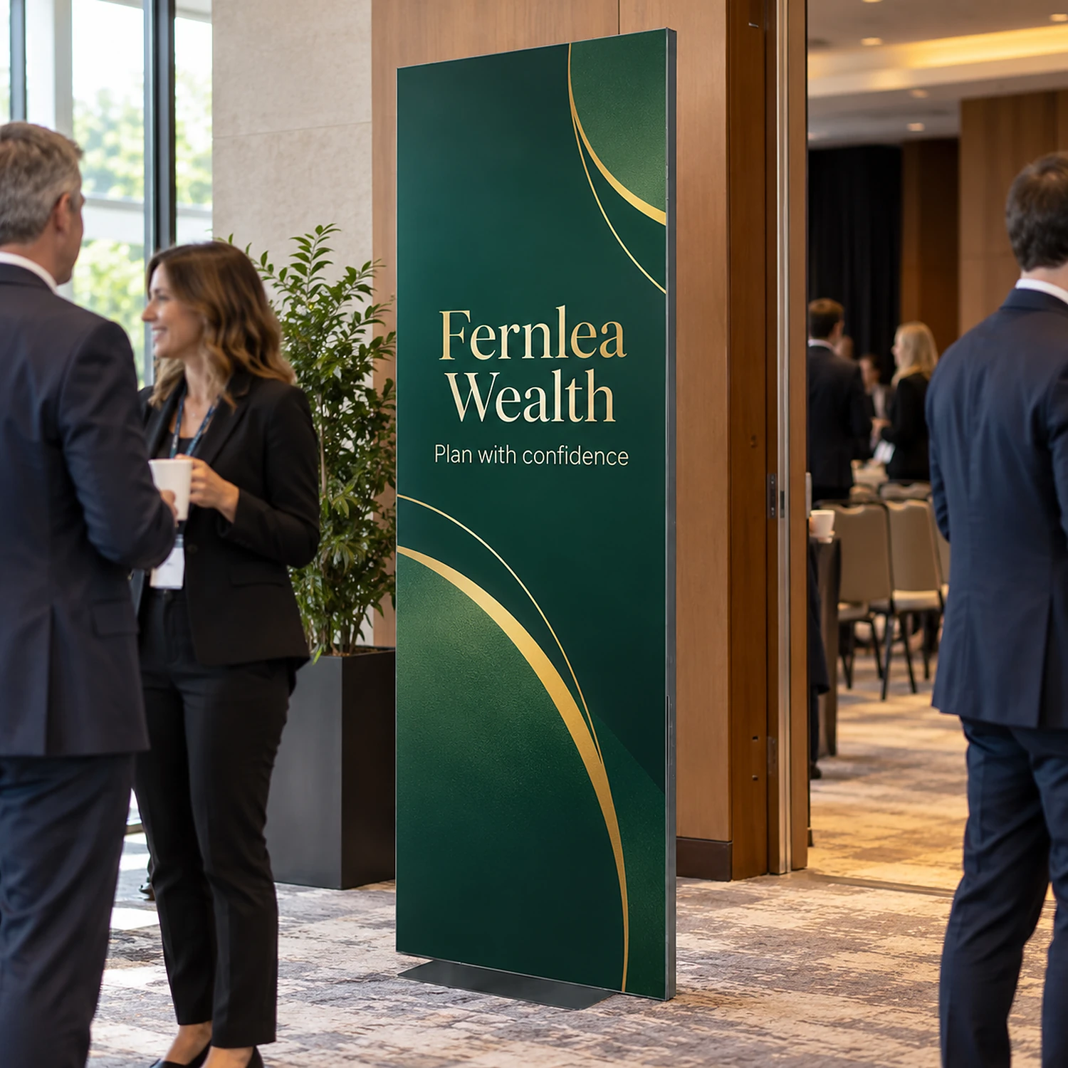 Framed fabric display totem at a conference entrance