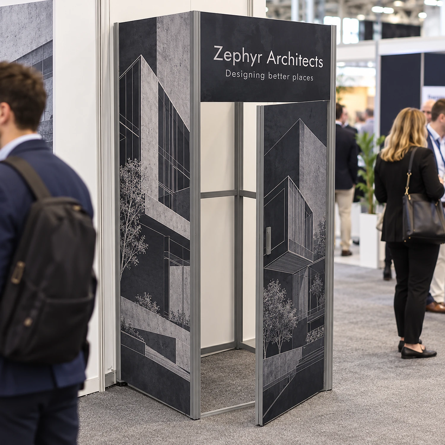 Modular storeroom module in use on an exhibition stand