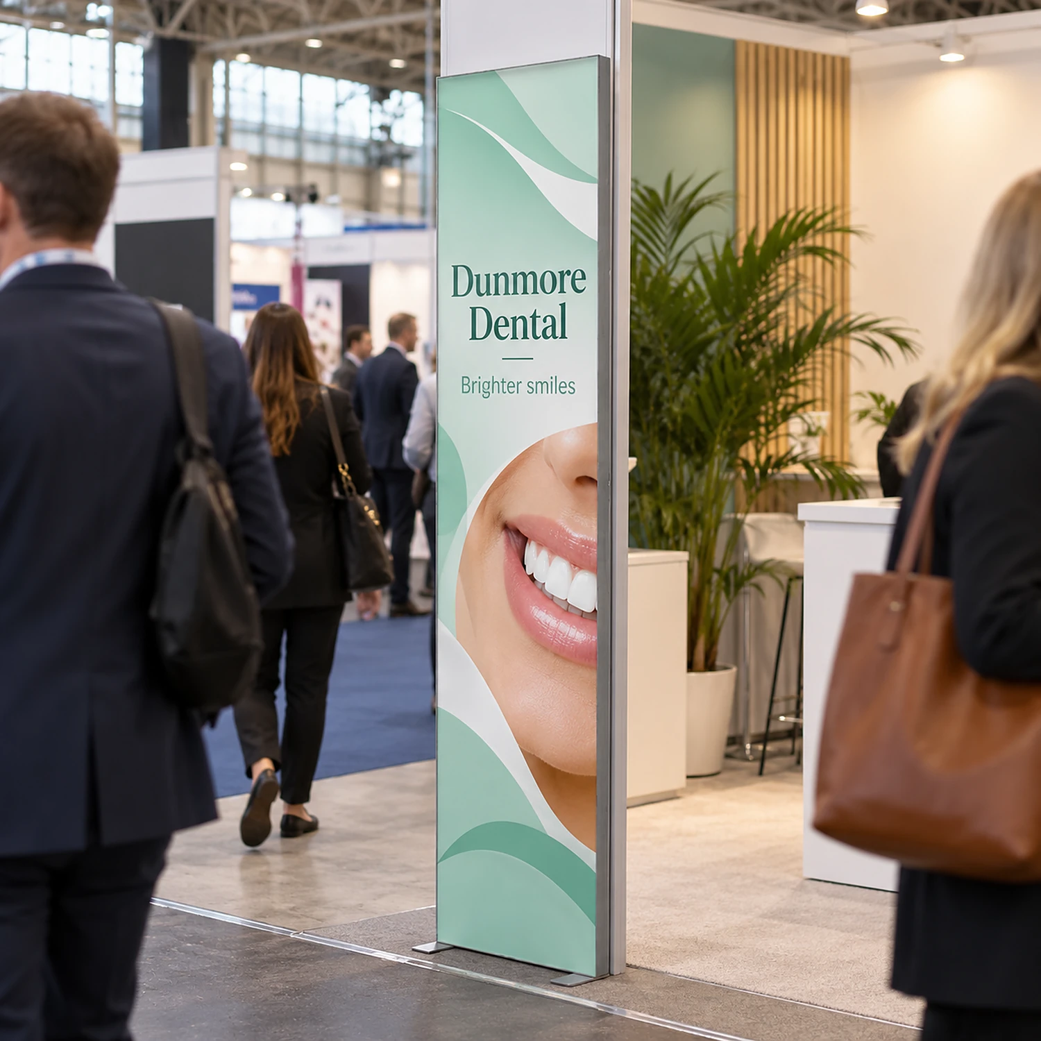 Tall modular fabric wall module in use at a trade show