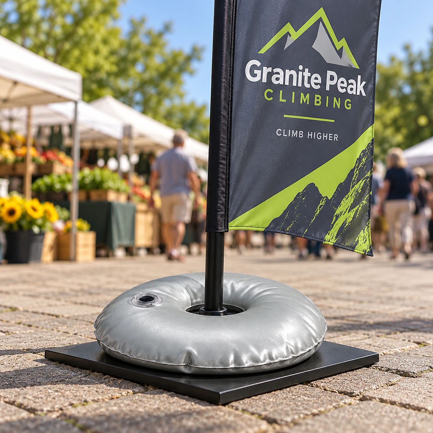 Water weight ring sitting on a square flag base at a market