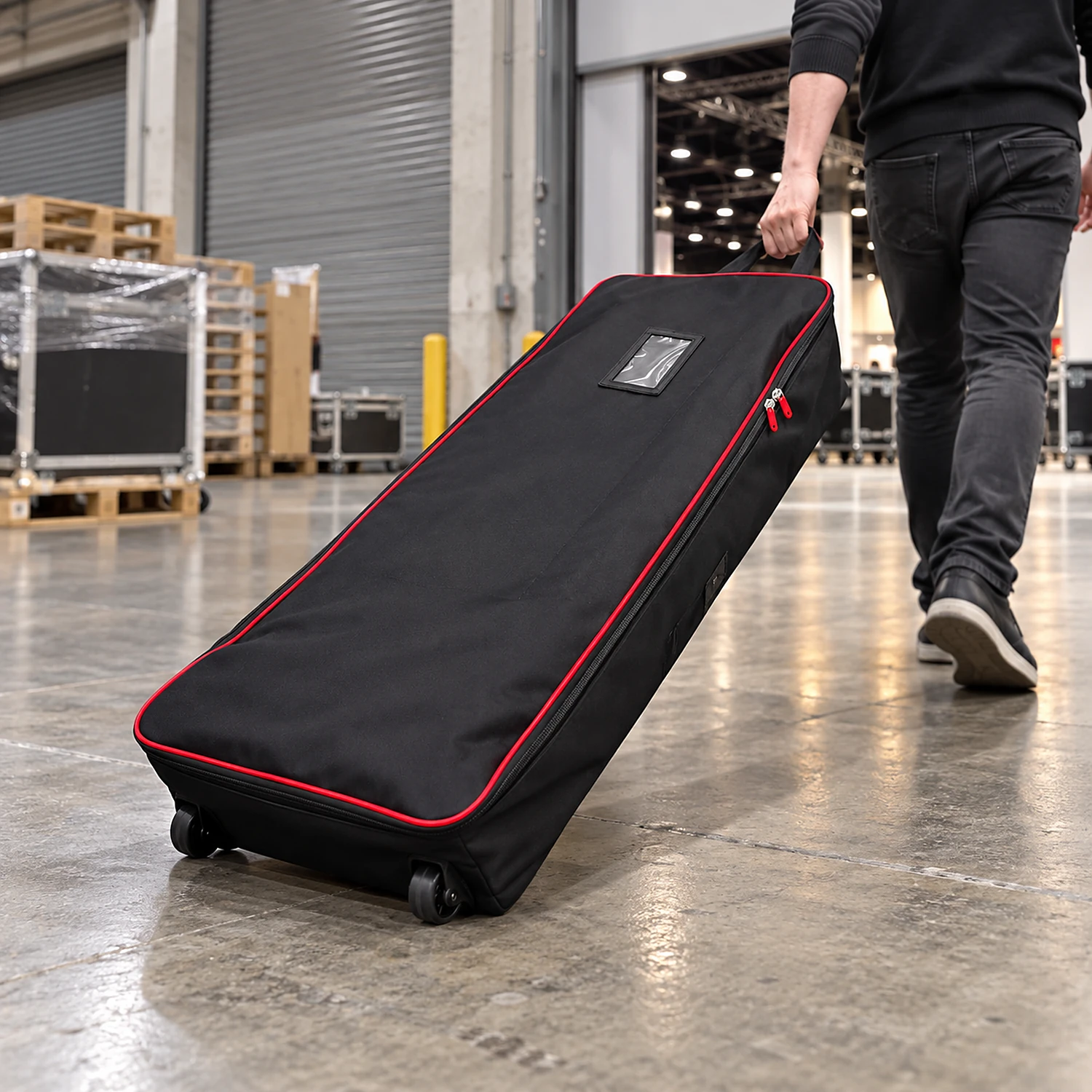 Wheeled carry bag being pulled through a venue loading bay