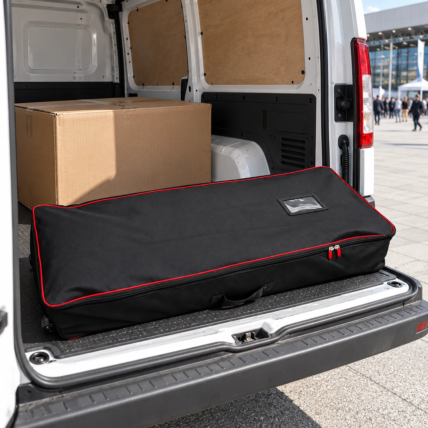 Wheeled carry bag in the back of a van