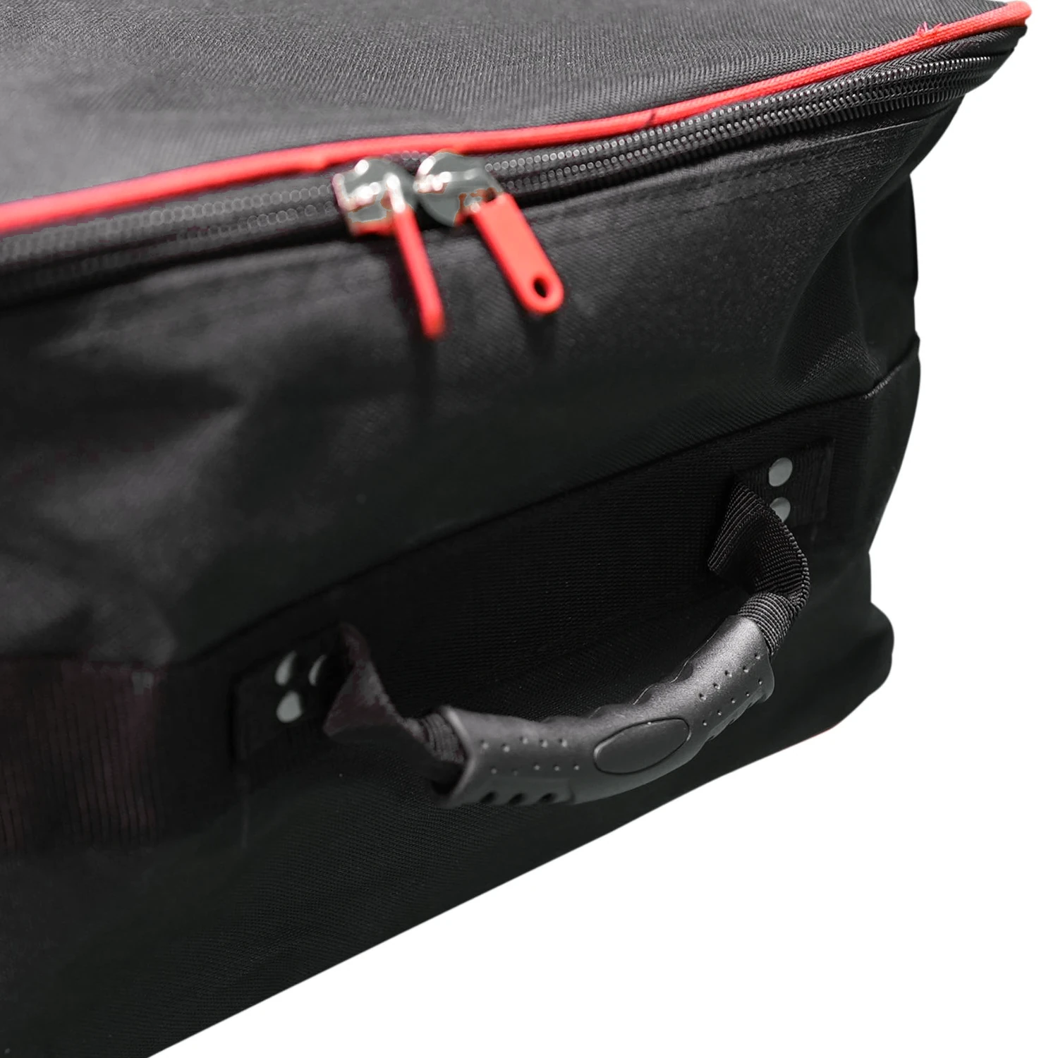 Carry bag end handle and zip pulls close up