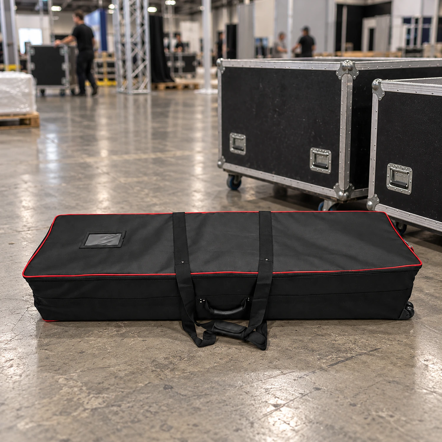 Wheeled carry bag in a venue loading bay