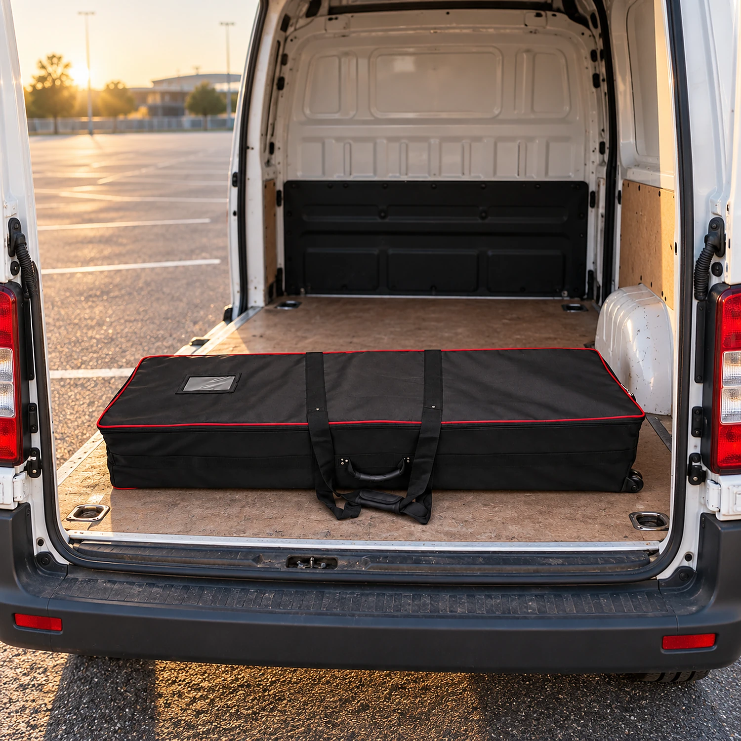 Wheeled carry bag loaded in a van