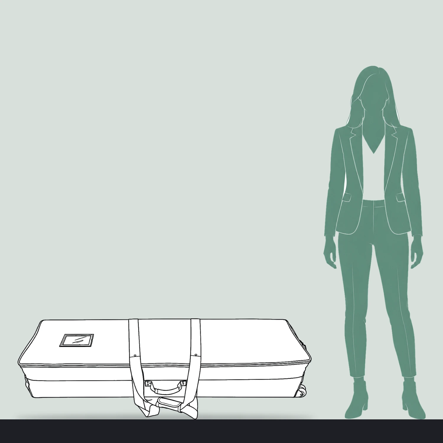 Wheeled carry bag length compared with a person